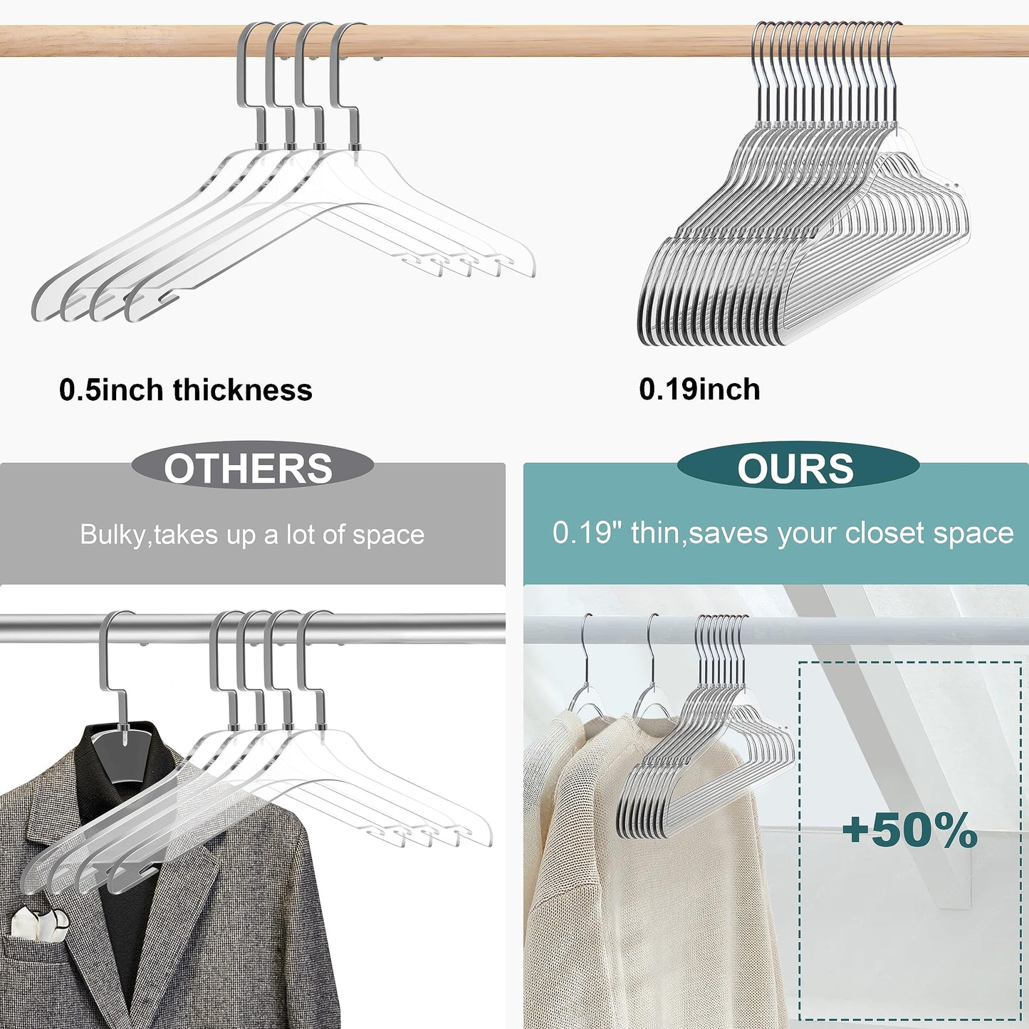 Quality Hangers Plastic Hangers for Clothes | 50 Pack - 17.5 Inch | Heavy Duty Space Saving Crystal Clear Acrylic | 360 Degree Swivel Hook and Notches (Clear)