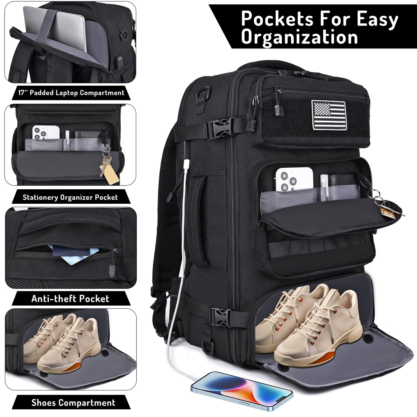 MOZETO Travel Backpack for Men 40L TSA Approved Carry On Backpack with USB Charging Port Durable Water-resistant Convertible Duffle Luggage Bag Large Weekender Bag Daypack Fits 17.3 Inch Laptop