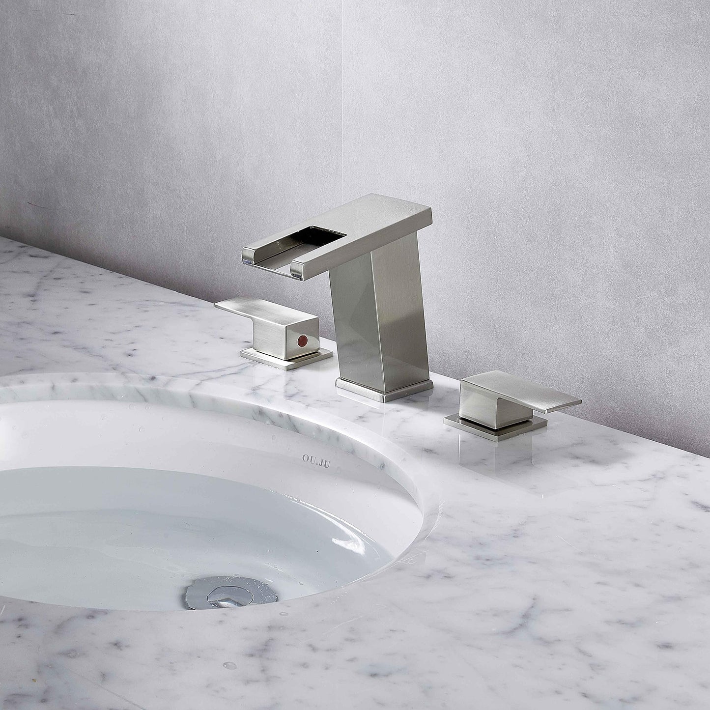 Kyatinsal LED Light Widespread Faucet for 3 Hole Brushed Nickel, 8 inch Widespread Modern Waterfall Bathroom Faucet with Pop Up Drain and Supply Hose, Waterfall Bathroom Sink Faucet Vanity Faucet