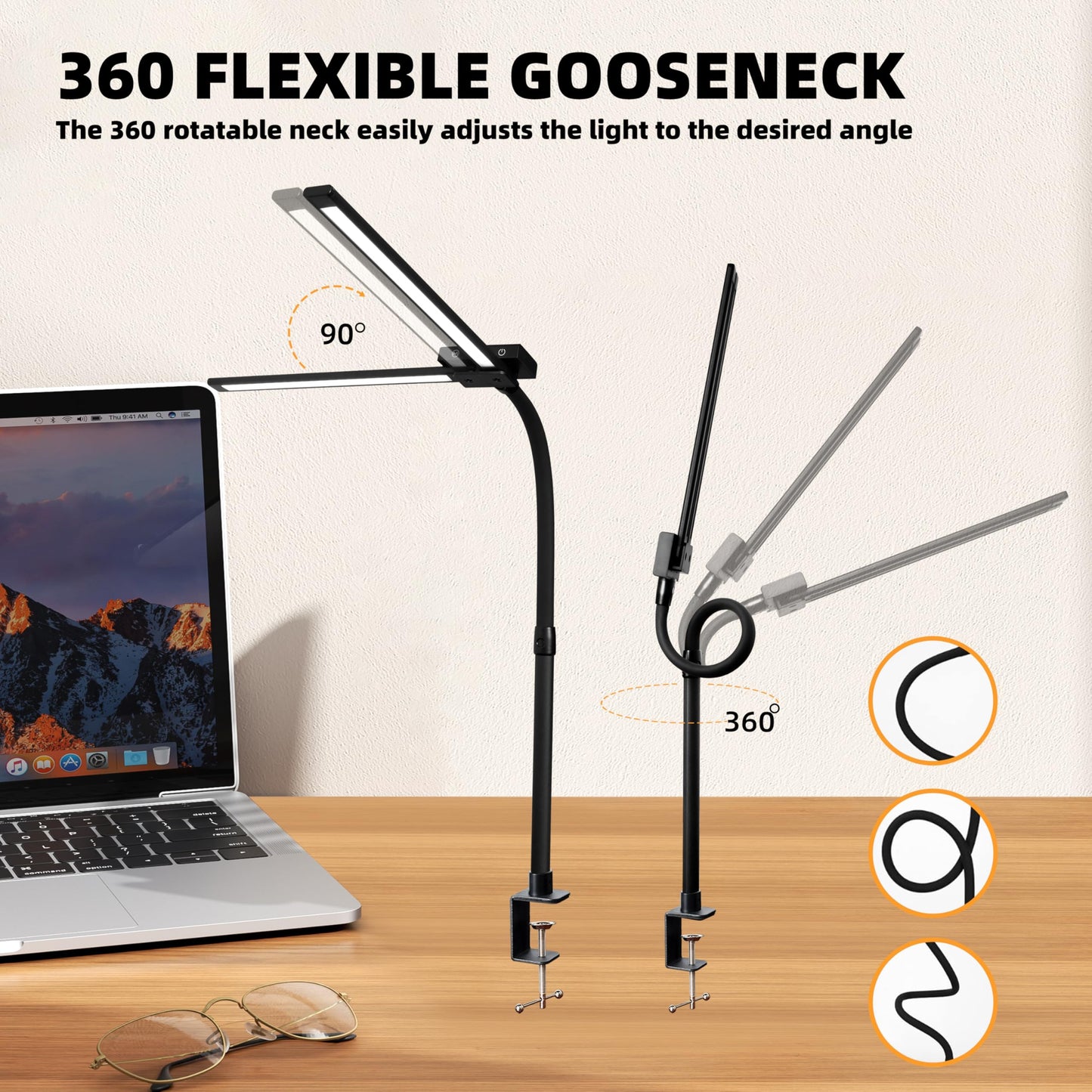 BAYSQUIRREL Led Desk Lamp with Clamp, Gooseneck Remote Control Desk Light with Eye Protection, 24W Ultra Bright Stepless Dimming and Tempering LED Desk Lamp for Home Office, Bedroom, Study