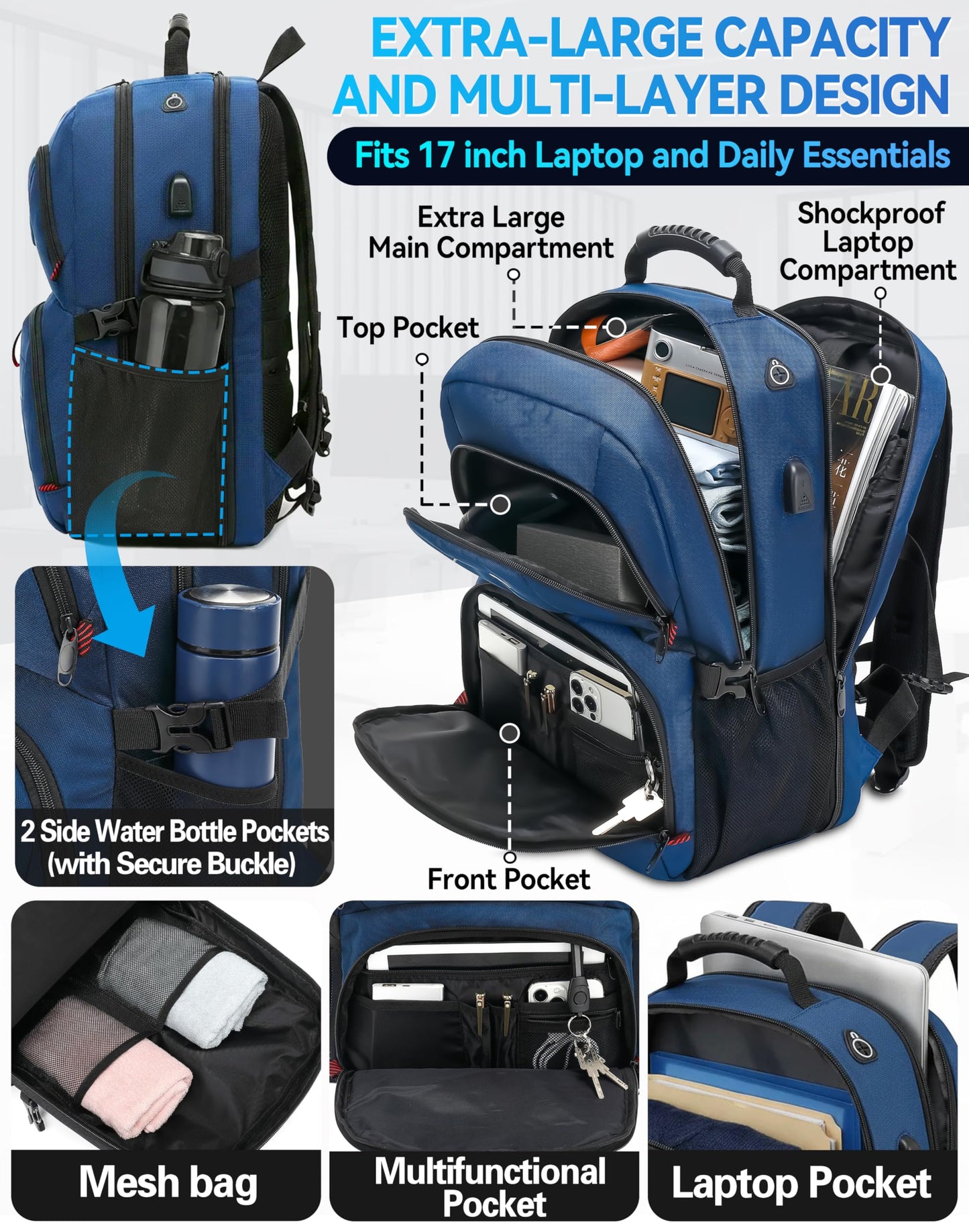 ProEtrade Travel Backpack, Extra Large Laptop Backpack School Business Anti Theft TSA Approved College Work Computer Bag Fits 17 Inch Laptop with USB Charging Port Bookbag for Women Men(Blue)