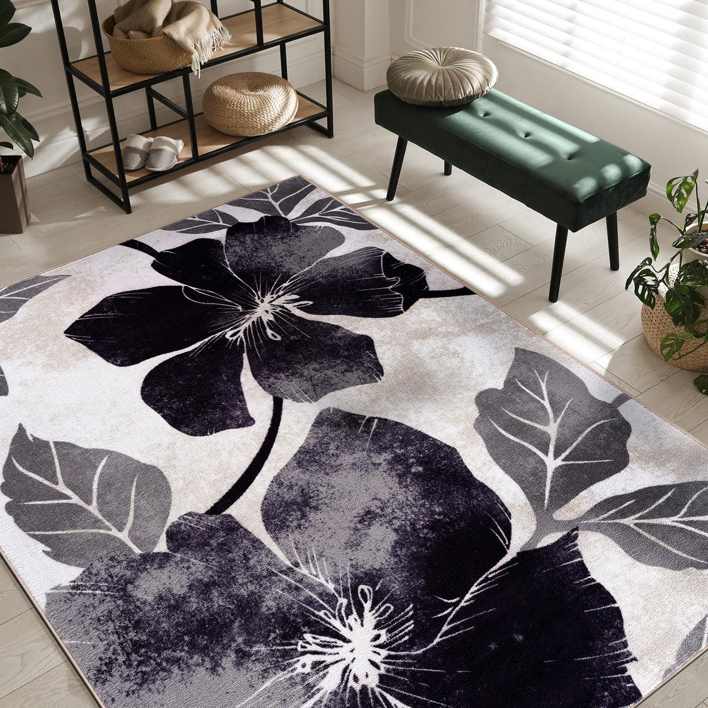 CAMILSON Solana Modern Floral 4x6 Rug Non-Skid (Non-Slip) Rubber Backing Flowers Leaf Soft Non Shedding Easy Cleaning for Living Room Bedroom Kitchen Indoor Area Rugs Carpet (4 x 6, Black Grey)