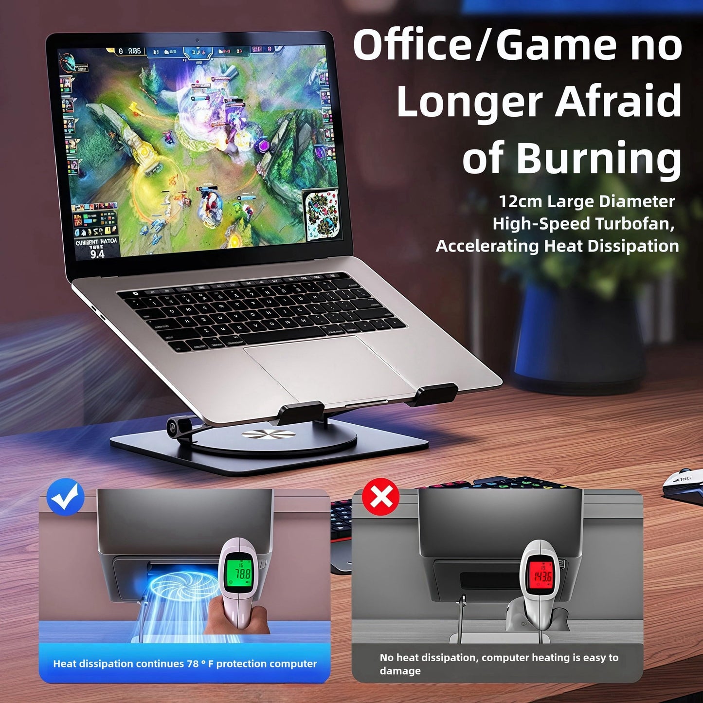 Laptop Stand with Cooling Fan，360°Rotatable Framework，Ergonomic Adjustable Riser for 10-17'' Gaming/Binge-Watching/Office Use - Silver