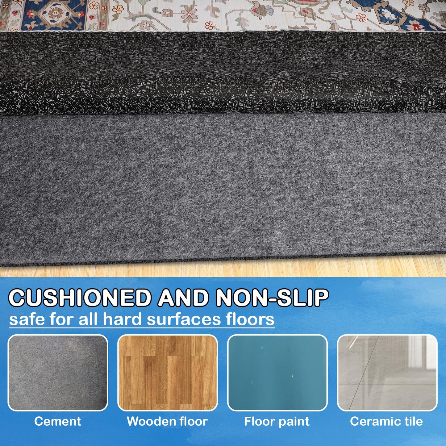Non-Slip Rug Pads 7 x 10ft, 100% Waterproof Extra Large Area Rugs Non Skid Rug Pad for All Floors and Finishes Durable Hardwood Floor Protective Felt Keeps Rugs in Place, Safe and Secure