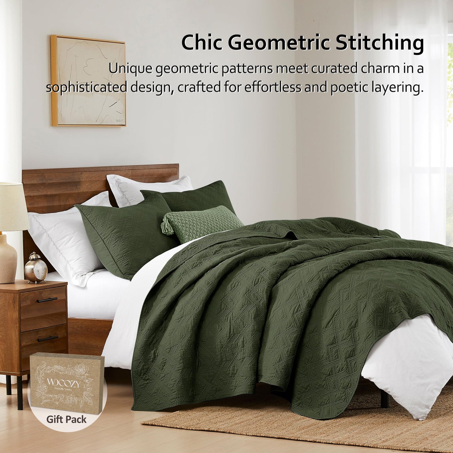 WDCOZY 100% Cotton Queen Size Quilt Set - Olive Green Pre-Washed Soft Lightweight Modern Bedspread, Farmhouse Country Rustic Coverlet, Textured Like Linen, Shabby Chic Gauze Bedding, 3 Pieces