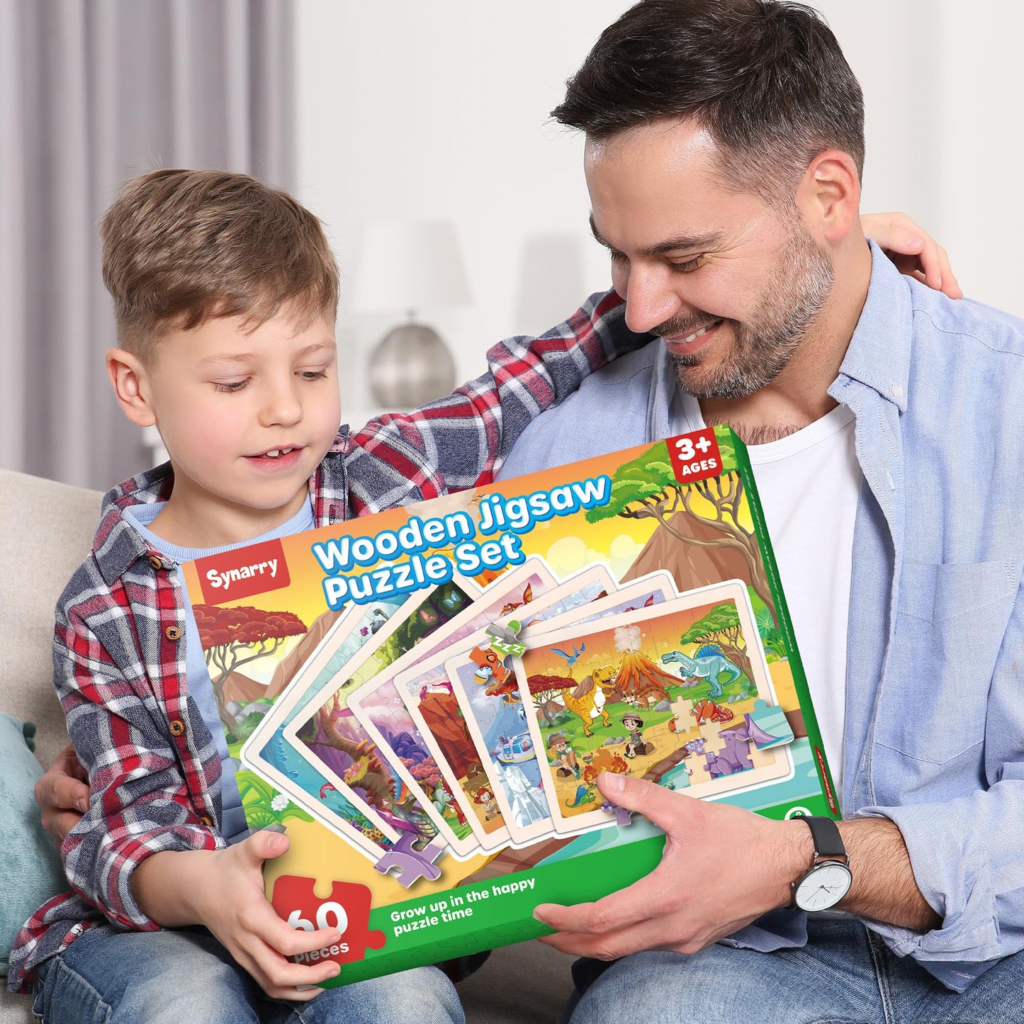 SYNARRY Wooden Dnosaurs Puzzles for Kids Ages 4-8, 6 Packs 60 PCs Jigsaw Puzzles for Kids 3-5, Kids Wood Puzzles Educational Toys Gifts Ages 3 4 5 6 7 8 Year Olds Boys Girls