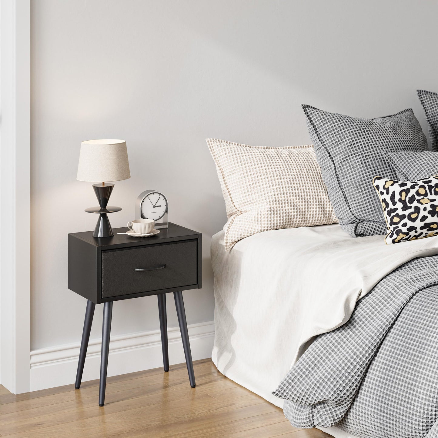 Small Black Nightstands Set of 2, Bedside Table with Fabric Drawer, Modern End Table with Metal Leg, Couch Side Table for Bedroom Living Room, Sofa, Office LNT504B