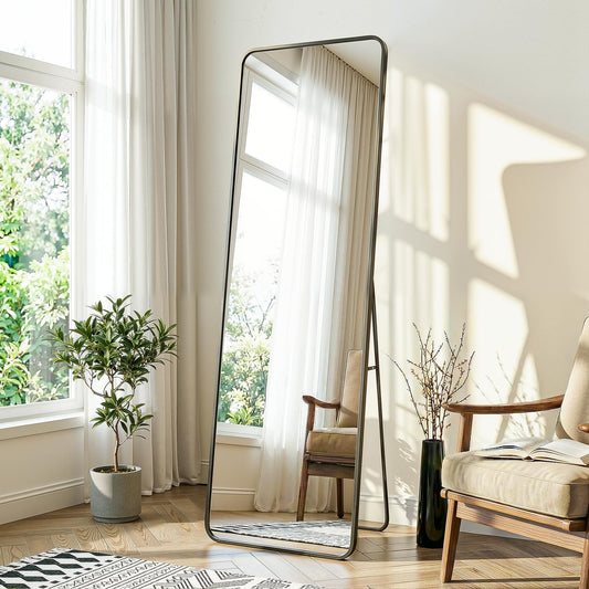 Delma Full Length Mirror, Floor Standing Full Body Mirror for Bedroom, Wall Mounted, Freestanding or Leaning, Rounded Corners Rectangle Design for Living Room, Bedroom or Dressing Room(Black)