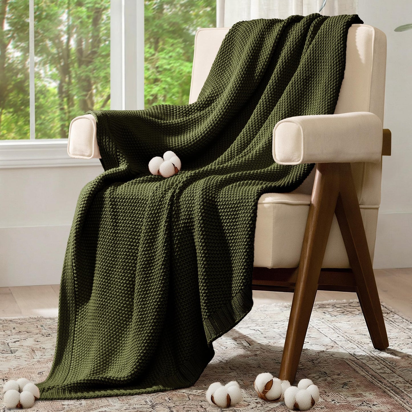 blunique 100% Cotton Cable Knit Throw Blanket, Lightweight Soft Knit Blanket for Sofa Couch Bed, Breathable All-Season Throw, Cozy Decorative Blanket, 50 x 60 Inch,Olive Green