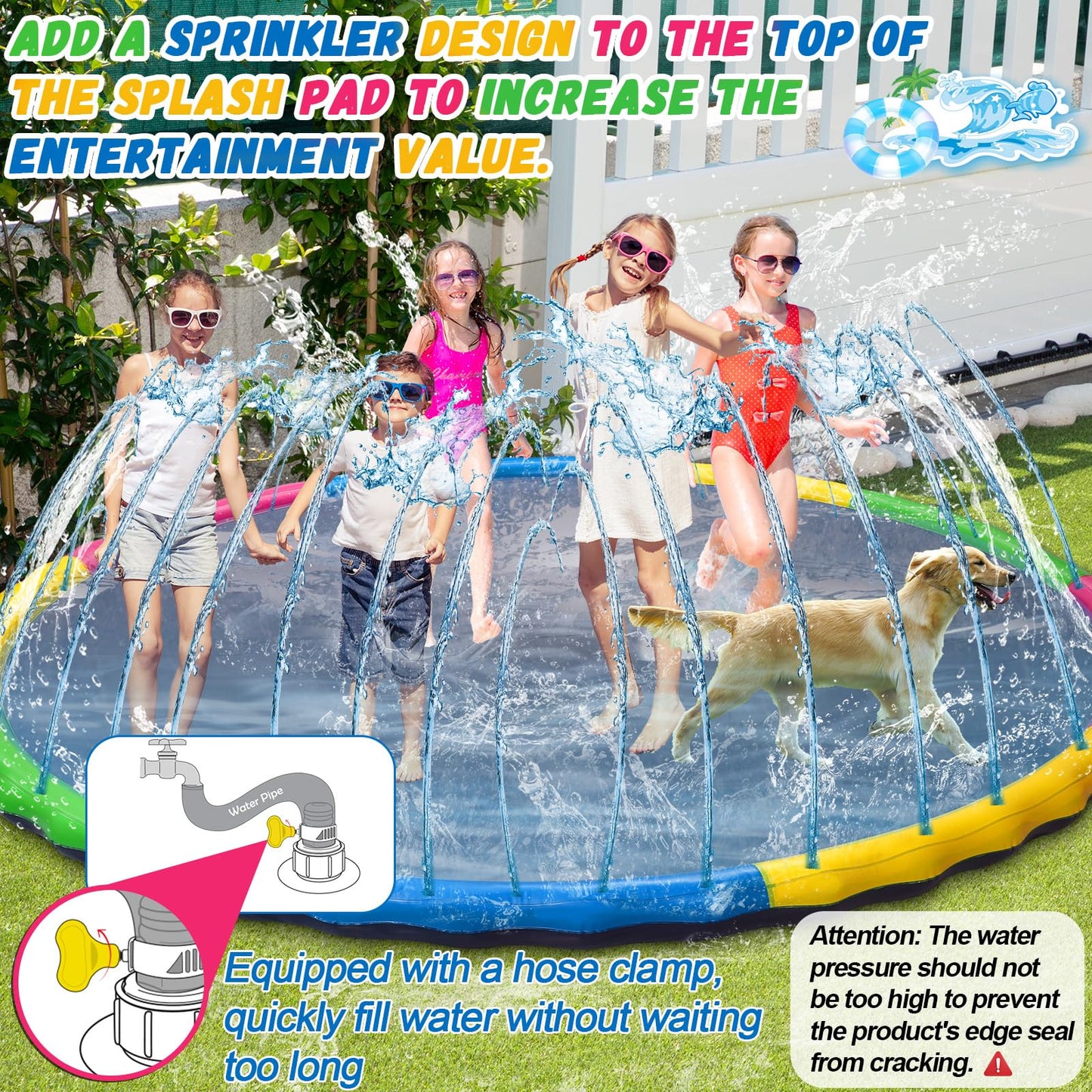 13 ft Giant Inflatable Splash Pad Extra Large 156" 2025 Update Non Slip Pad for Adults Large Dogs Pets Giant Thicken Sprinkler Pool Summer Outdoor Fun Backyard Fountain Play Mat (Cute Style)