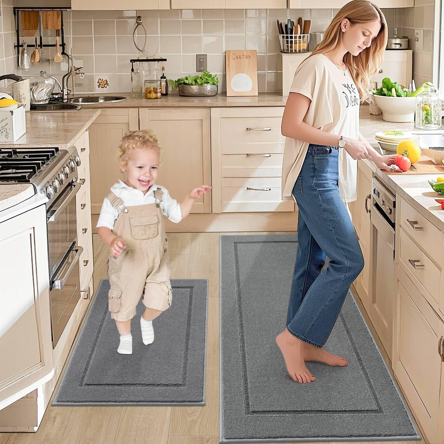 Non-Slip Kitchen Mats, Self Adhesive No Sliding Kitchen Rugs Set of 2, Soft Washable Absorbent Floor Rugs for Area Rug, Kitchen, Entrance, Bathroom, Laundry Room, Bedroom, 24”x36”+24”x60”, Light Grey