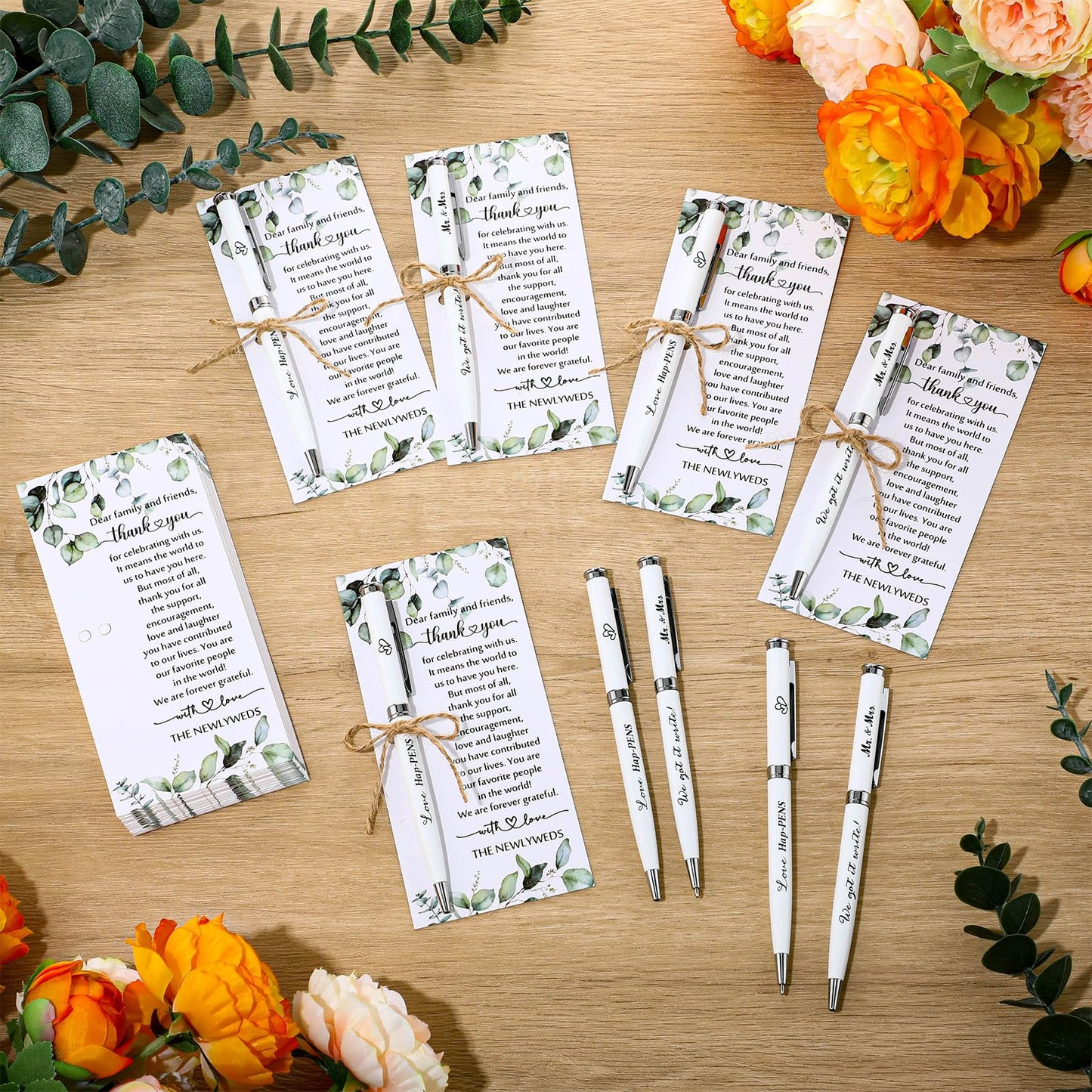 Affrolling 100 Sets Wedding Favors for Guests Bulk Retractable Ballpoint Pen Thank You Cards with Bridal Shower Gift for Guest Wedding Souvenirs Newlyweds Party Supplies (Leaf Style,Hemp Rope)