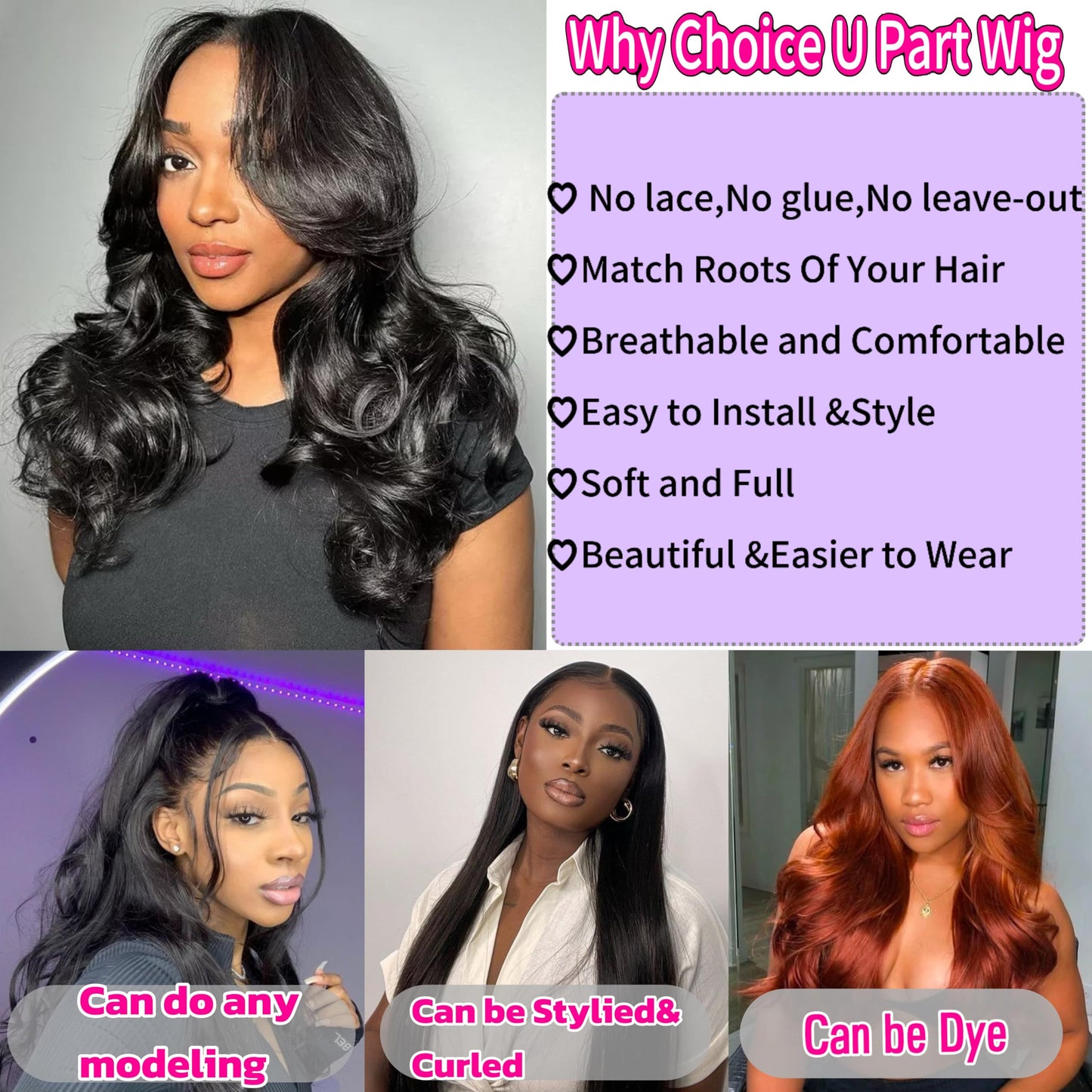 U Part Human Hair Wig Body Wave Glueless Half Wigs for Black Women No Sew In No Leave Out 180% Density Brazilian Virgin U Part Body Wave Wig Human Hair Natural Black Color (18inch)