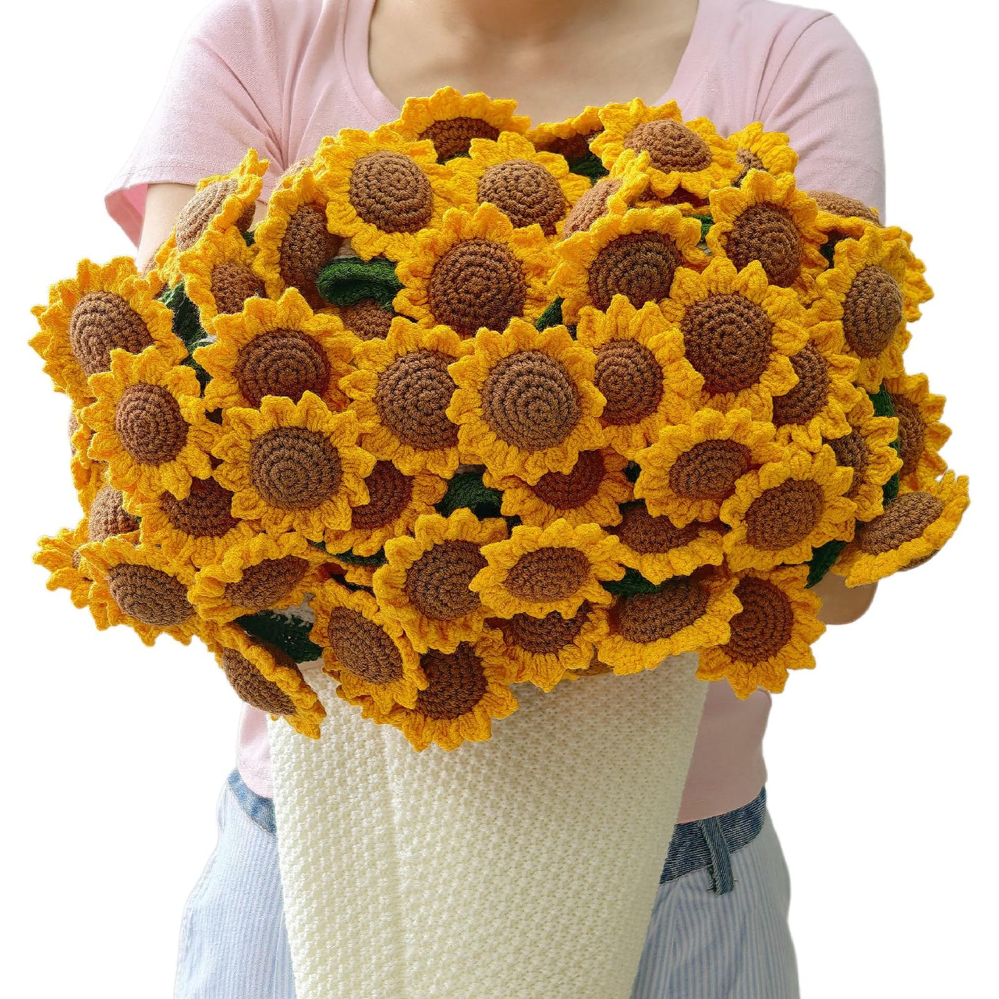 SoffMoiis Crochet Sunflower Bouquet Blanket, Handmade Flower Blankets, 59 Inch Round Floral Knitted Gifts for Mother's Day, Birthday, Teacher, Friend, Home Decor, Sofa（Finished Product）