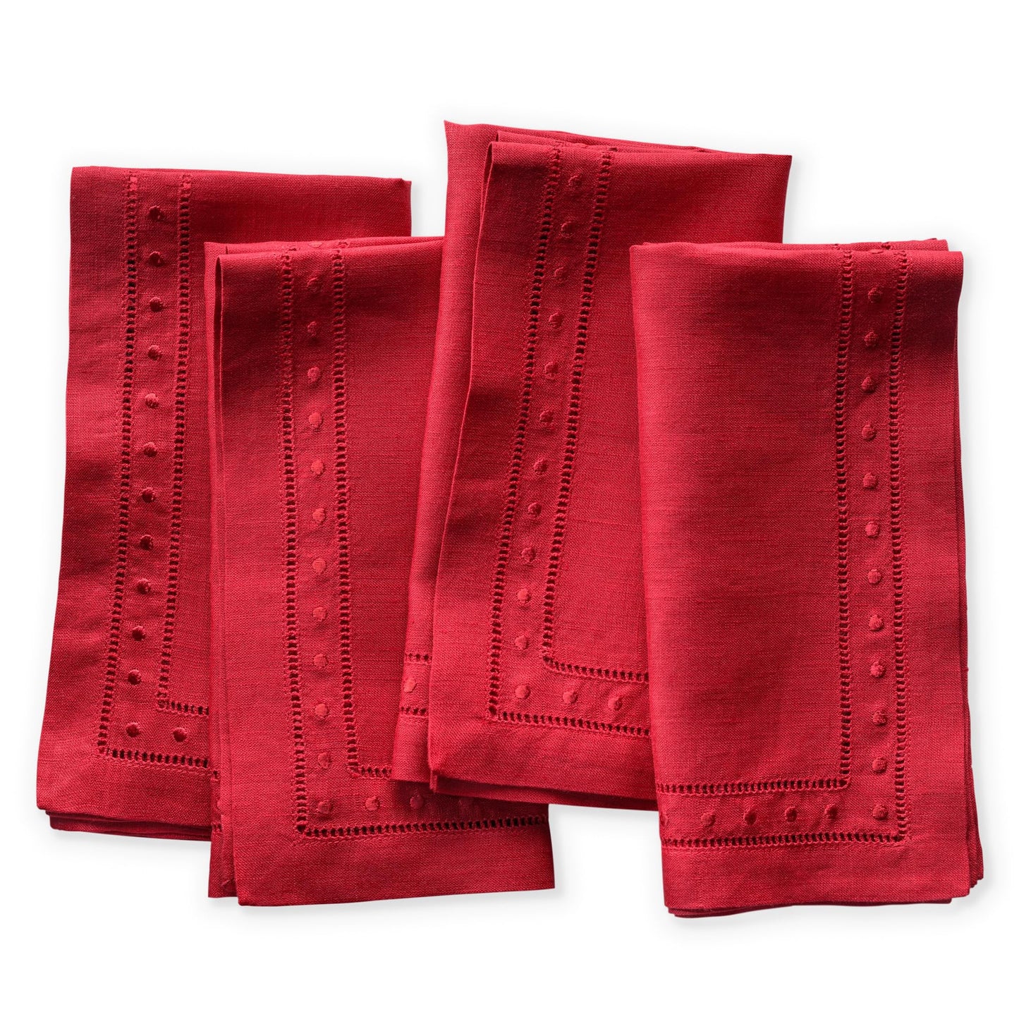 Linen Napkins Set of 4-100% Pure Linen Red Embroidered Dinner Napkins - Hemstitch Cloth Napkins Washable for 4th of July