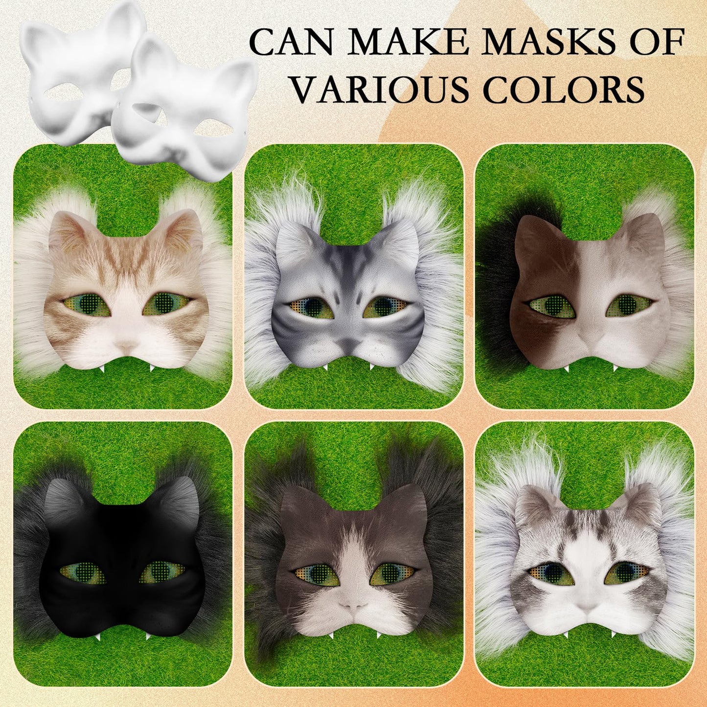 Seenelling 60 Pcs DIY Therian Mask Kit Blank Cat Mask with Felt Fabric Sheet Plush Faux Fur Eye Mesh for Therian Gear Stuff