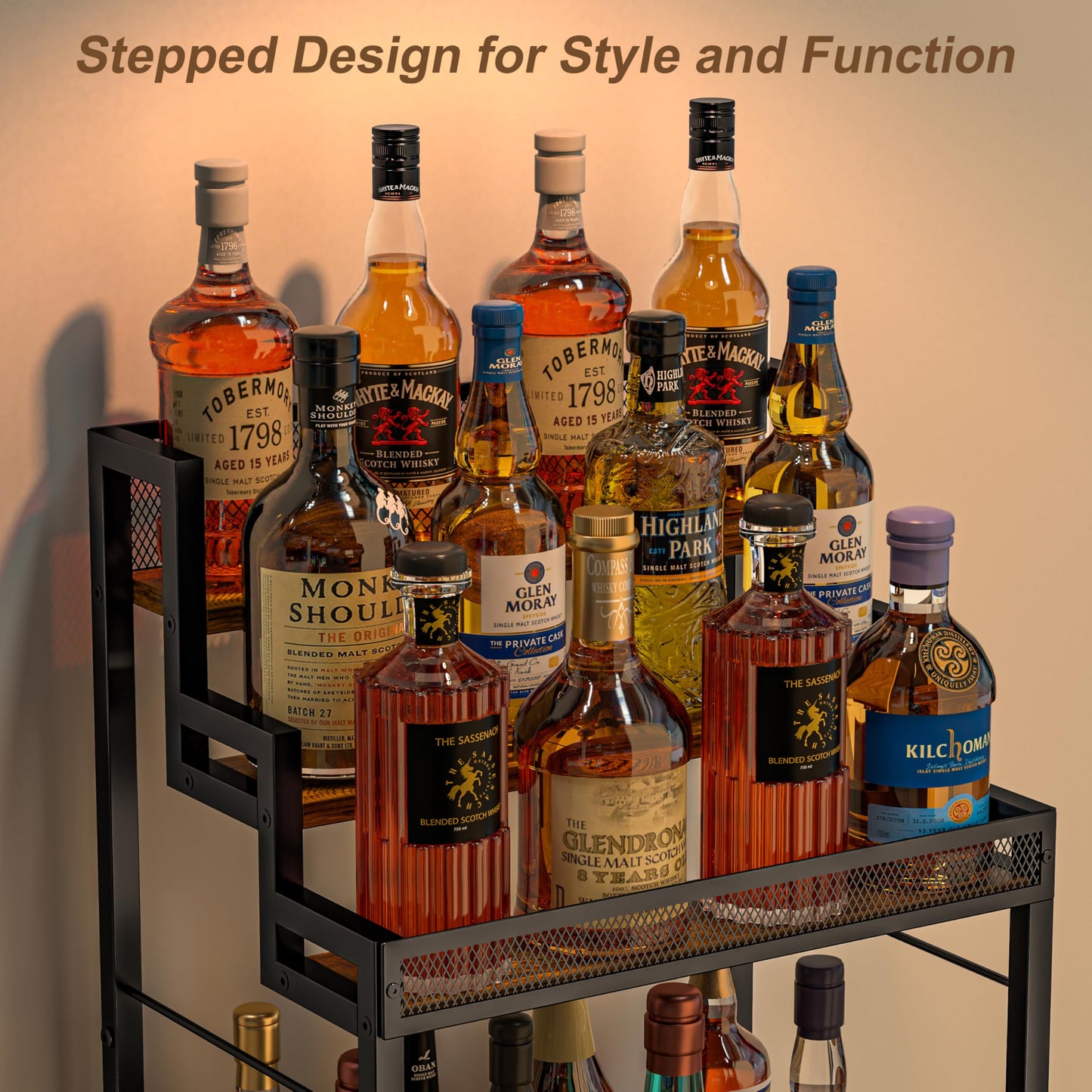 5-Tier Trapezoidal Liquor Cabinet Bar for Home, Stepped Wine Rack Freestanding Floor, Corner Syrup & Whiskey Stand, Large-Capacity Alcohol Bottle Storage Display Shelf Living Room, Patent Pending