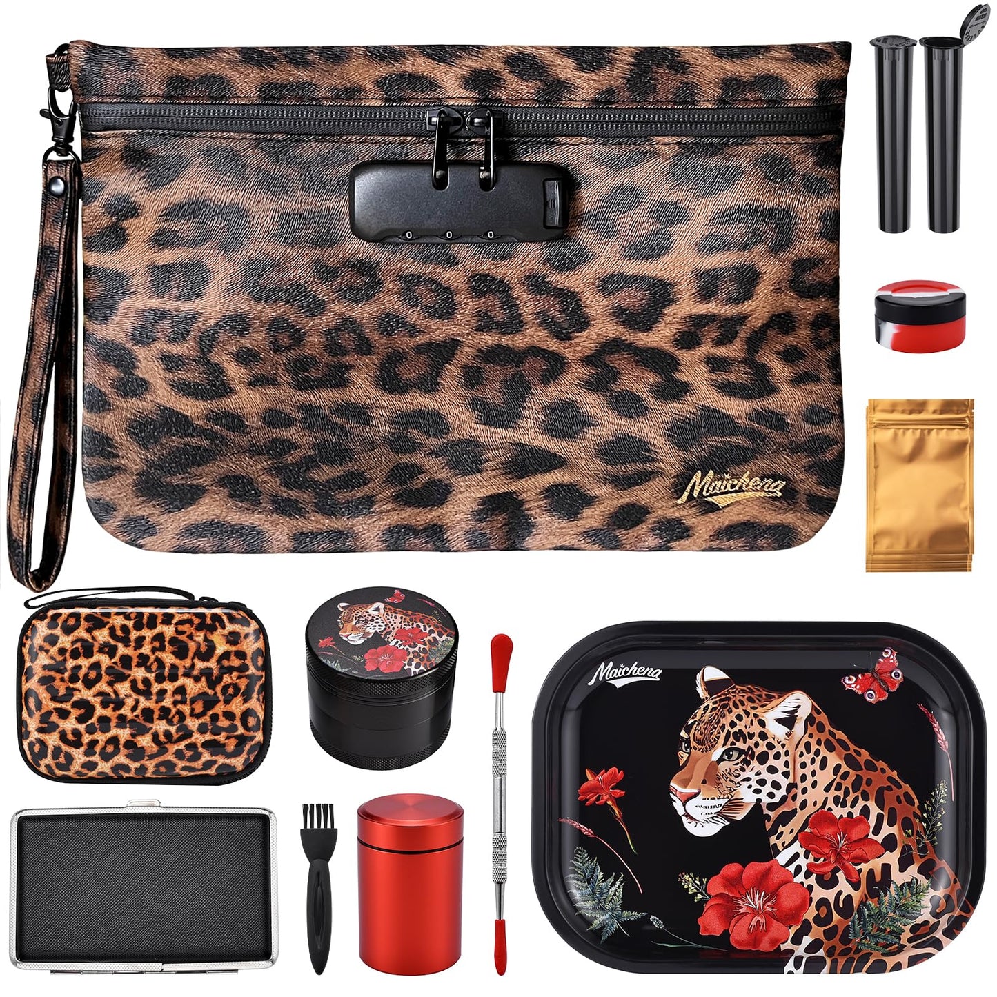 MAICHENG Storage Bag with Combination Lock and Accessories Travel Medicine Bag Container Money Cosmetic Organizer Great Christmas Gifts for Women Leopard