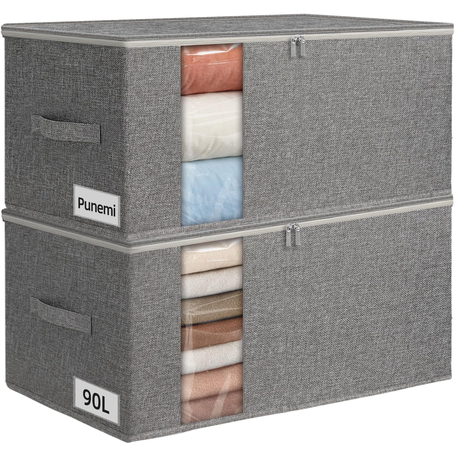 punemi King Size Comforter Storage Bag w/Sturdy Structure, 90L Extra Large Blanket Storage Bag for Bedding, Pillows, Quilts&Duvets, Stackable Closet Organizer with Clear Window,25.6x17.3x11.8in,Gray