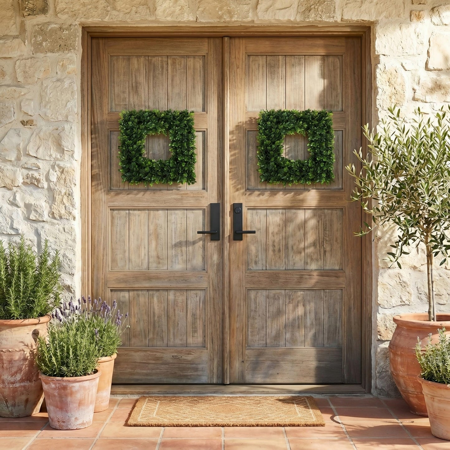 Pure Garden Set of 2 Wreaths - 16.5-Inch Square Artificial Boxwood Spring, Summer, Winter, or Fall Wreaths - Outdoor/Indoor Decor for Front Door