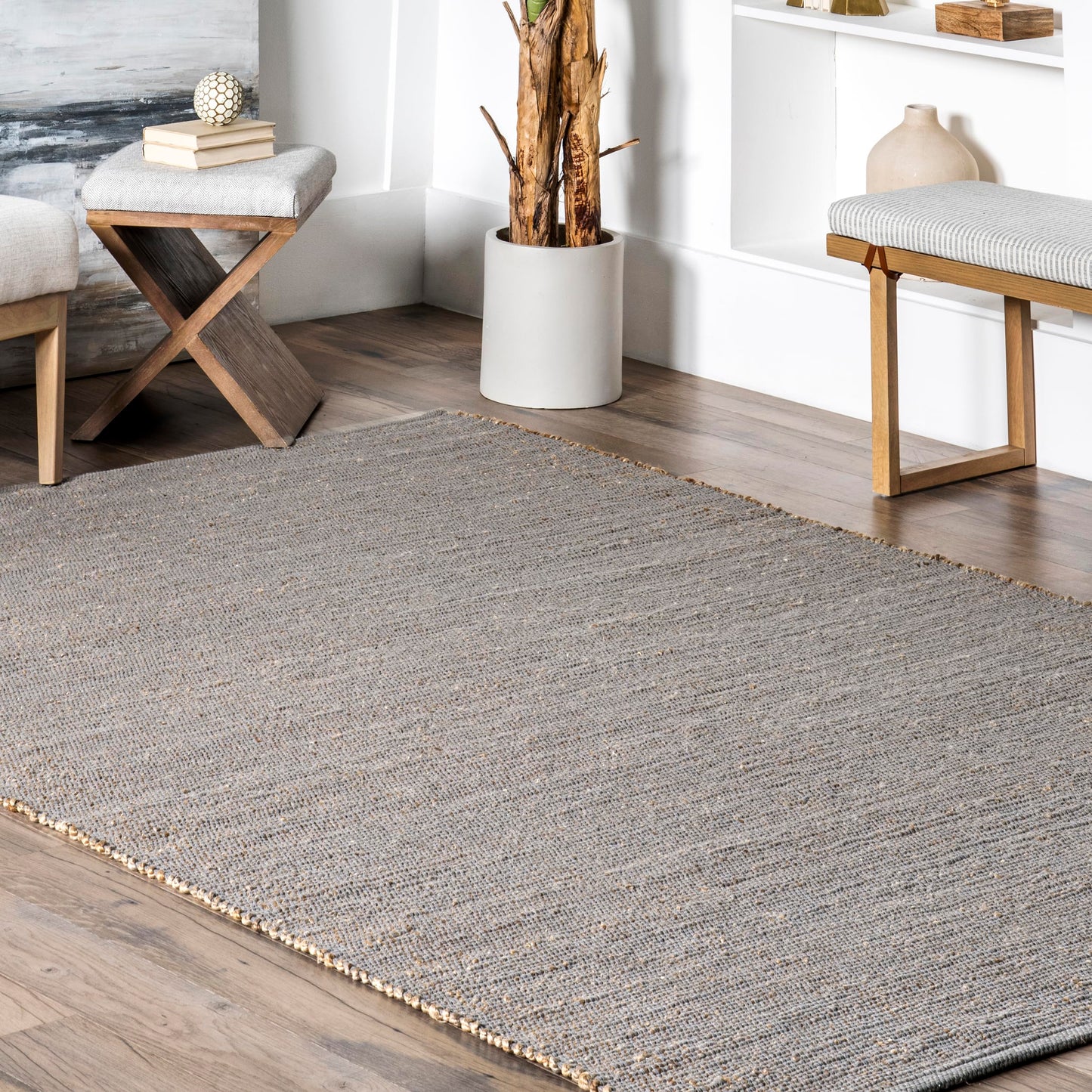 Nuloom Elfriede Handmade, Grey/Ivory, 2'6" x 6', Jute & Cotton, Textured and Earthy, High Traffic, Stain Resistant, Easy Clean, Durable Area Rug for Bedroom, Living Room, Dining, Entryway