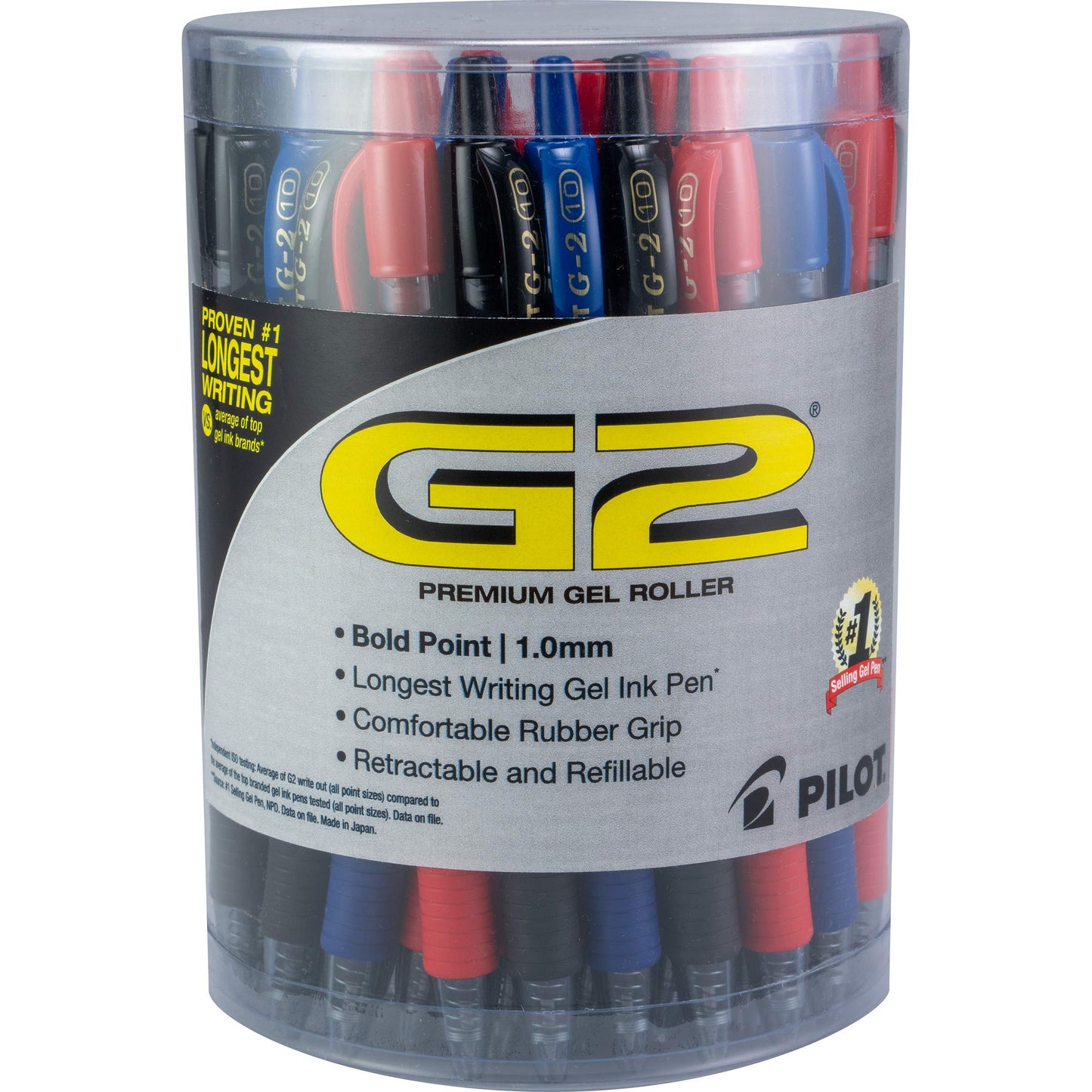 Pilot G2 Premium Gel Roller Pens, Bold Point, Gel Ink Pens, 1 mm, Tub of 36, Black, Blue, Red - Ideal for School, Journaling & Office Writing