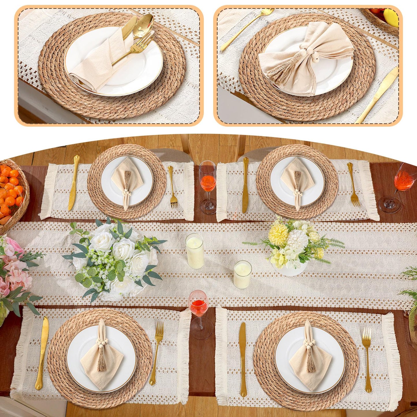 Gandeer 6 Sets Boho Placemats Round Woven Placemats, Cloth Napkins, Wood Bead Napkin Rings, Long Table Runner and Farmhouse Rustic Natural Burlap Cotton for Kitchen Dining Table Home (White)