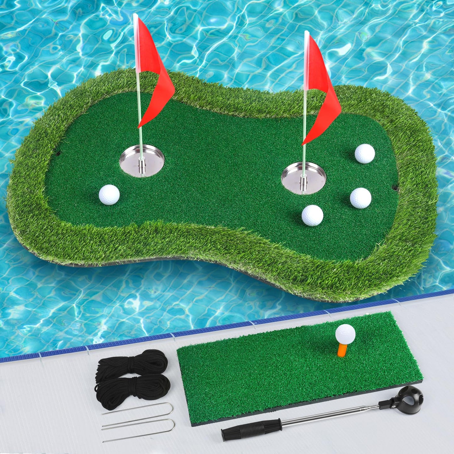 Chriiena Floating Golf Green for Pool/Lake, Floating Chipping Mat with Ball Retriever & Anti-Drift Ropes - Stable Golf Putting Practice Game Set for Golfers (35.4x23.6 in)
