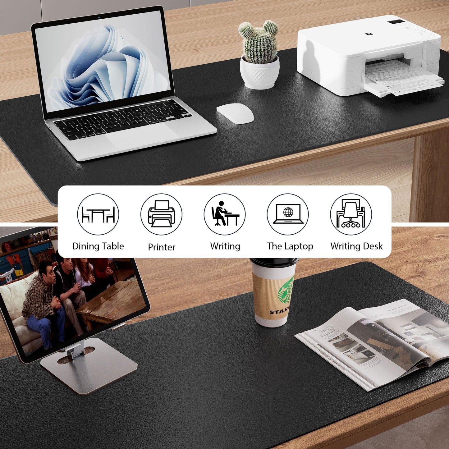 Aothia Faux Leather Desk Mat - Non-Slip PU Leather Desk Blotter, Waterproof Writing Surface, Large Desk Pad for Office & Home (Black, 55" x 24")