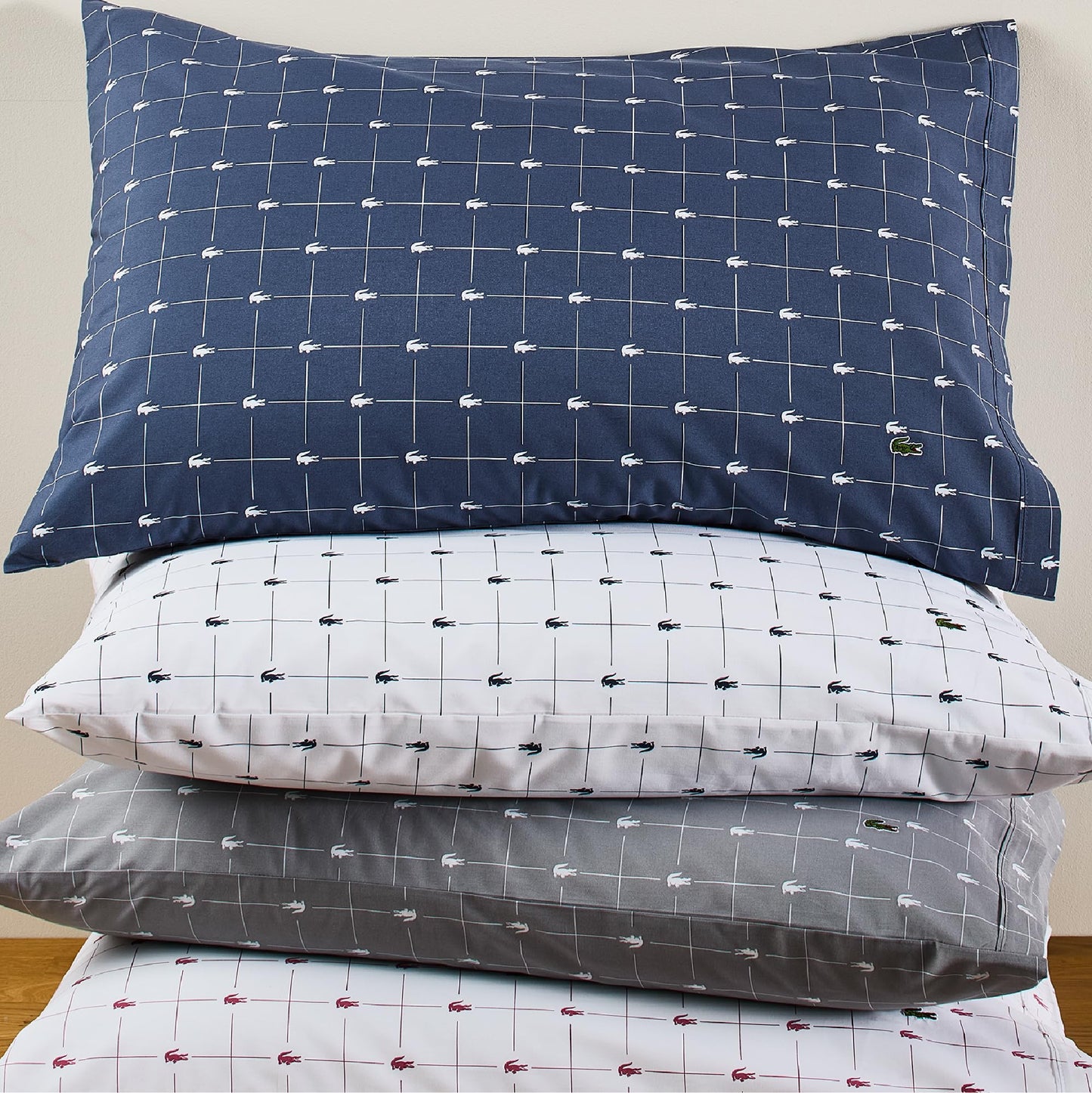 Lacoste Slice 100% Cotton Percale Sheet Set – Cool Crisp Breathable All-Season Bedding, Durable Matte Finish, Oeko-Tex Certified – Printed Design, Navy, Full
