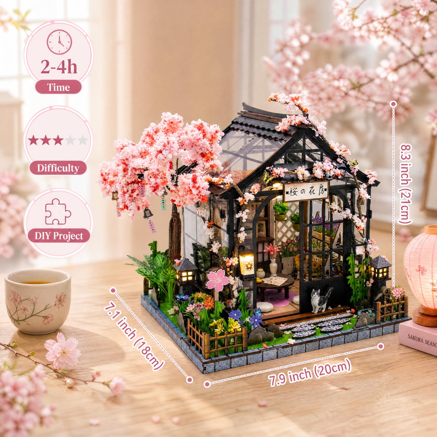 Soothee DIY Miniature House Kit, DIY Book Nook with LED Light, 3D Puzzles for Adults and Teens, Dollhouse for Bookshelf Decor, Tiny House Building Kits & Gift (Sakura Greenhouse)