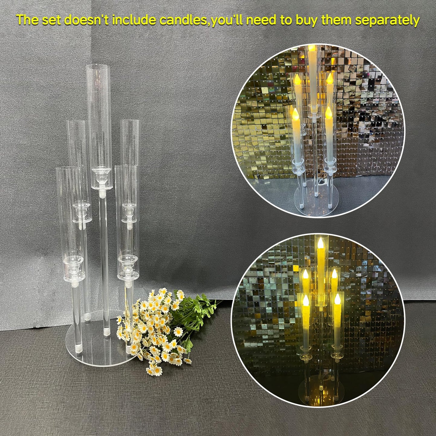 4 Set 5 Arms Acrylic Candelabra Centerpieces for Wedding Table Decorations,Clear Candlesticks Holder with Acrylic Shade for Valentine's Day Dinner Party Fireplace Gift Fit LED Candle