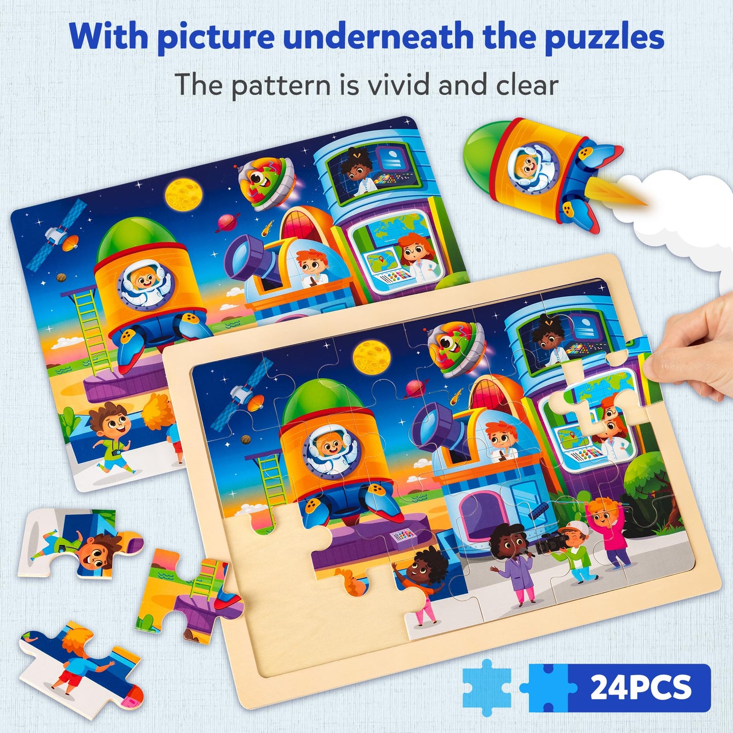 SYNARRY Wooden Space Planets Solar System Puzzles for Kids 3-5, 4 Packs 24 PCs Jigsaw Puzzles for Kids Ages 4-6, Preschool Toys Gifts for Kids, Wood Puzzles for 3 4 5 6 Year Old Boys Girls