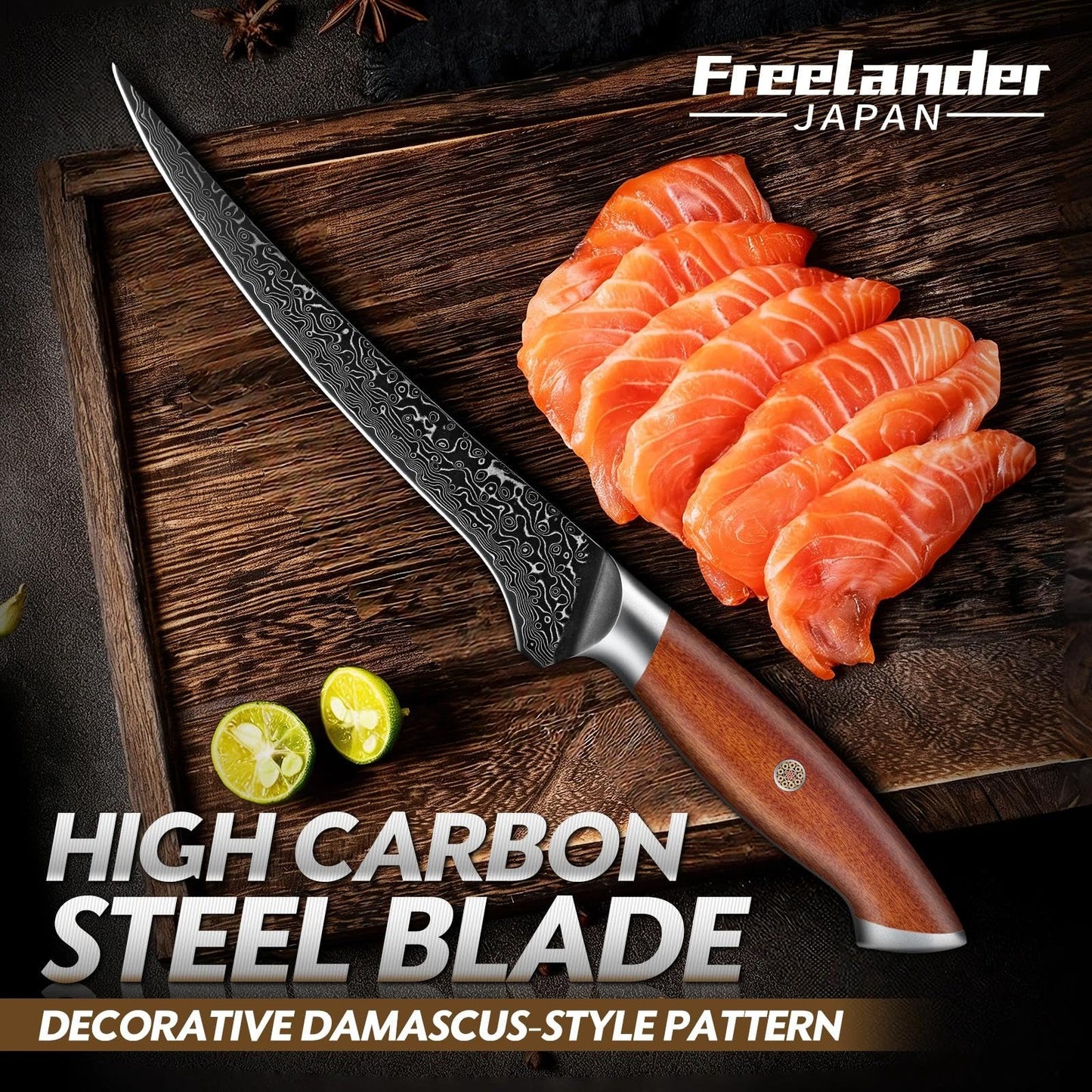Freelander Damascus Fillet Knife 7", Razor Sharp Boning Knife for Fish, Meat & Poultry, Japanese Filet Knives with Ergonomic Wood Handle, Ideal for Skinning, Deboning & Slicing, Gift Box Included