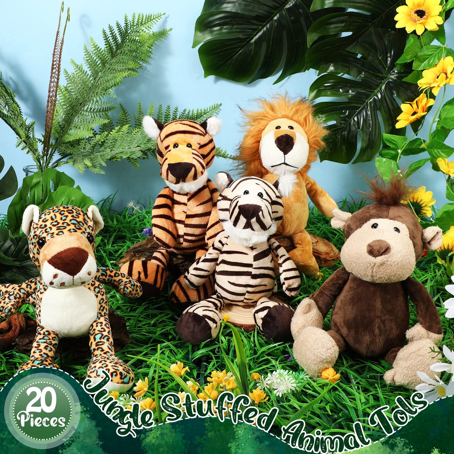 HyDren 20 Pcs Safari Stuffed Animals 11.8'' Plush Jungle Wild Animals Cute Elephant Giraffe Lion Tiger Monkey Stuff Animals Soft Plush Animals in Bulk Stuffed Animals Toy for Toddler Baby Jungle Party