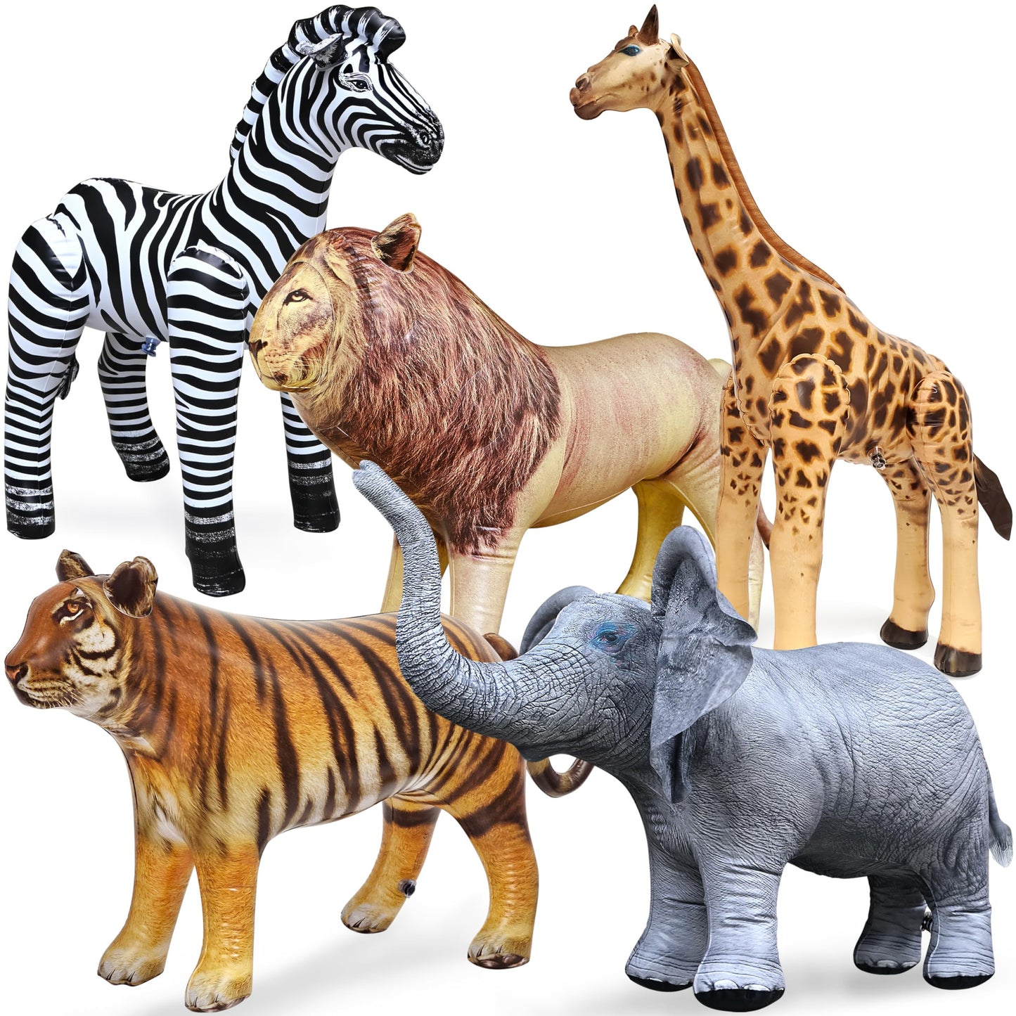 Jet Creations Life on Earth Wildlife Safari Inflatable, 5-PK, Giraffe(36"), Zebra(32"), Elephant(19"), Lion(24"), Tiger(20"), Realistic Animals for Party Decoration, Pool, Birthday, Jungle Photo Prop