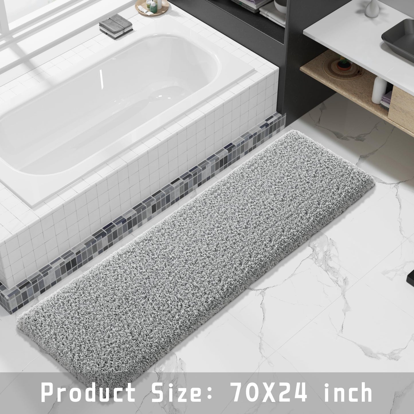 Yimobra Fluffy Plush Bath Rug, Super Shaggy Soft Comfortable Non Slip, Water Absorbent Microfiber Bath Mat, Dries Quickly, Machine Washable Thick Bathroom Rugs for Shower, 70"x 24", Pure Gray