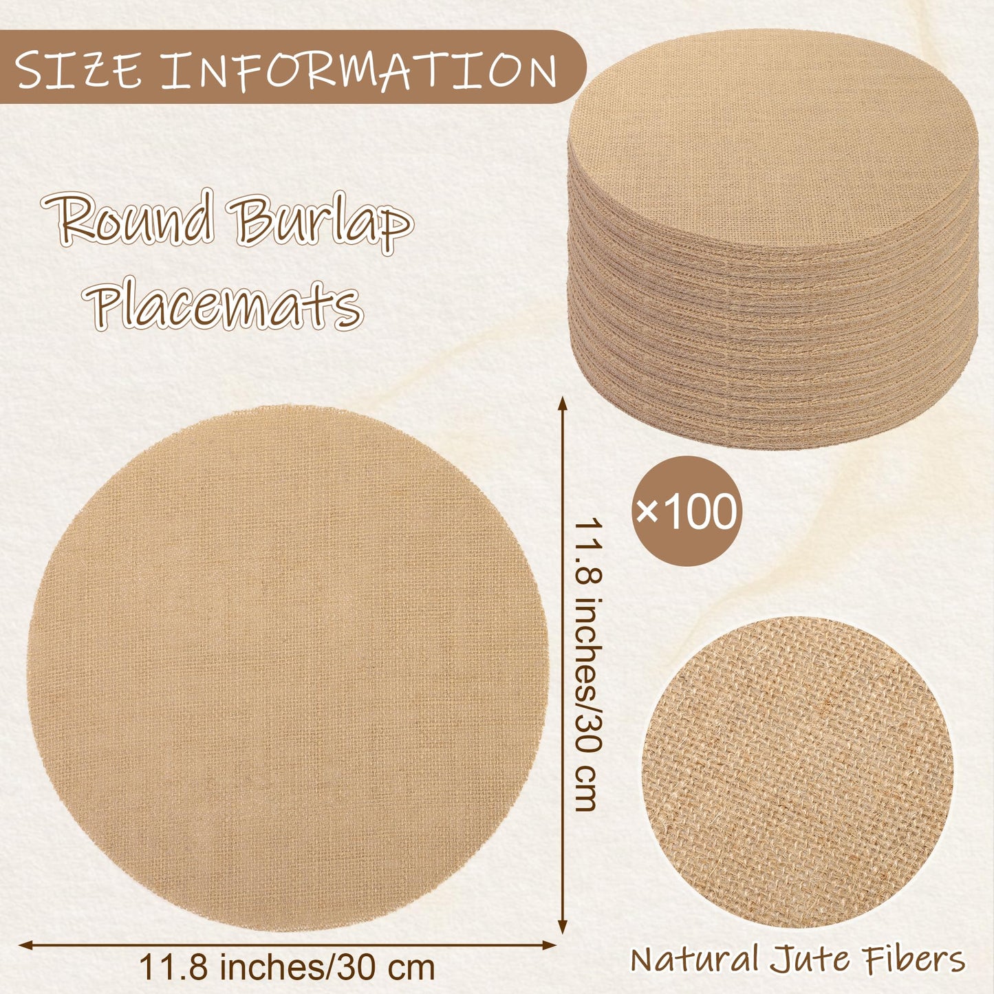 Kochorie 100 Pieces Burlap Placemats 11.8 Inch Round Reusable Brown Table Mats Natural Jute Fibers Placemats Bulk Circle Rustic Table Decorations for Dining Wedding Holiday Farmhouse Supplies