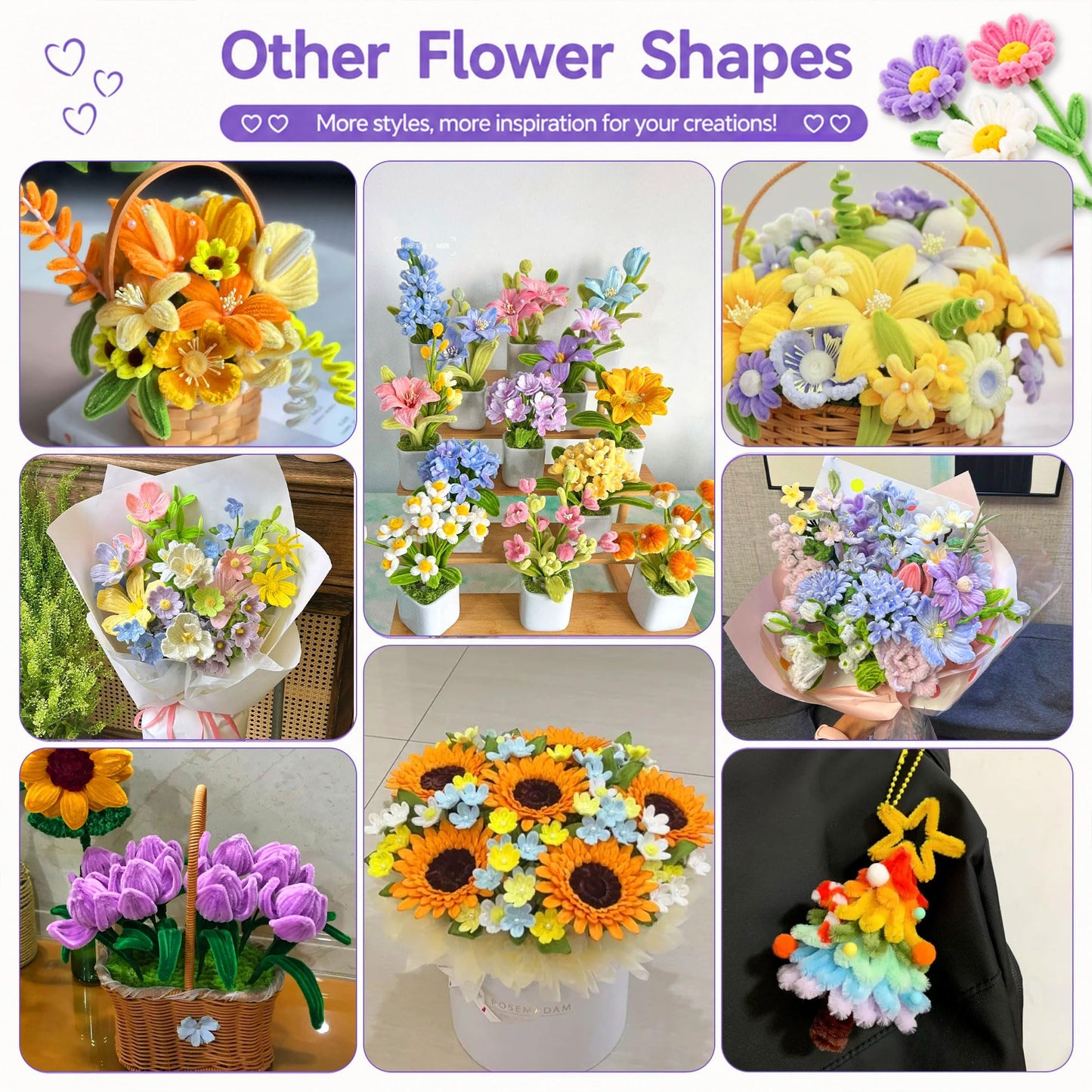 900pcs Pipe Cleaners Craft, Pipe Cleaner Bulk Flower Kit, 14 Colors Pipe Cleaners Bulk with Flower Stems, Stamens, Floral Tape & Ribbon for DIY Bouquets, Art and Craft Supplies
