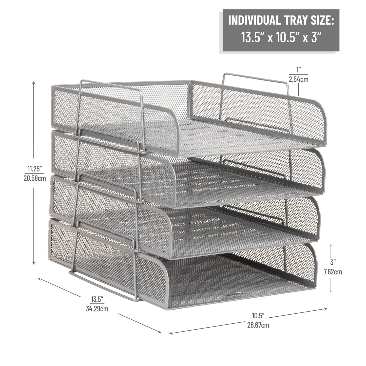 Mind Reader Stackable Paper Tray, Desktop Organizer, File Storage, Office, Metal Mesh, 10.5" L x 13.5" W x 11.25" H, 4 Pcs., Silver