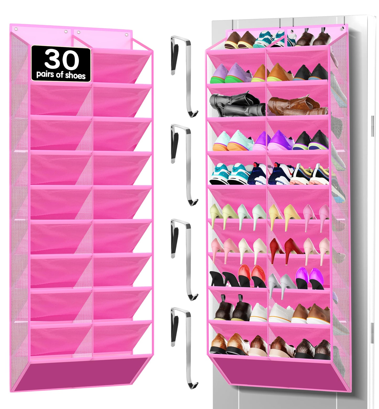 Kotkn 10-Tier Over the Door Shoe Organizer, 20 Pockets Holds 20-30 Pairs, Heavy-Duty Oxford Fabric with Hexagon Mesh for Boots & Sneakers- Pink