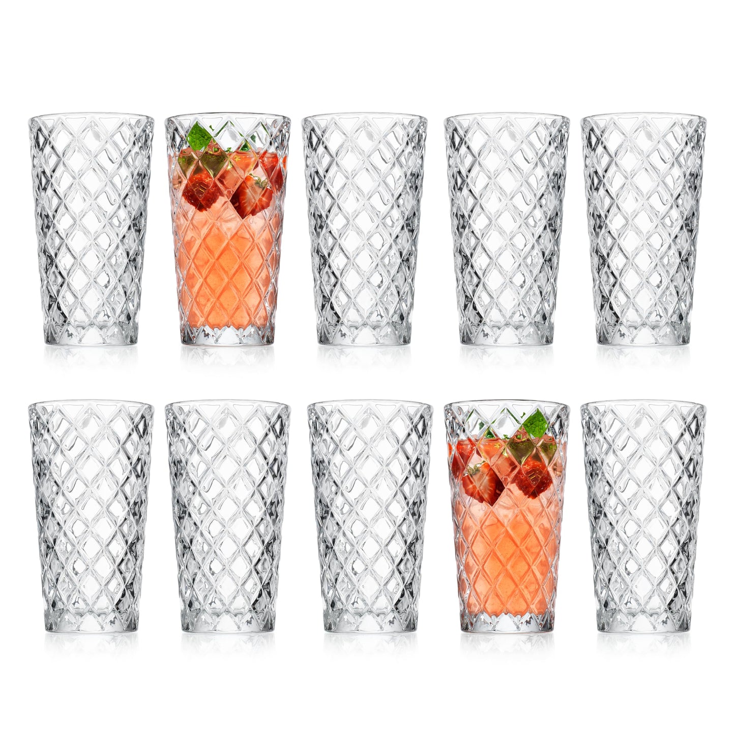 Glaver's Drinking Glasses - Set of 10-14oz. Highball Glass Cups - Dishwasher Safe Cocktail - Diamond Cut Shape - Tall Beer Glasses, Water Glasses, Bar Glass, Wine, Juice, Iced Tea