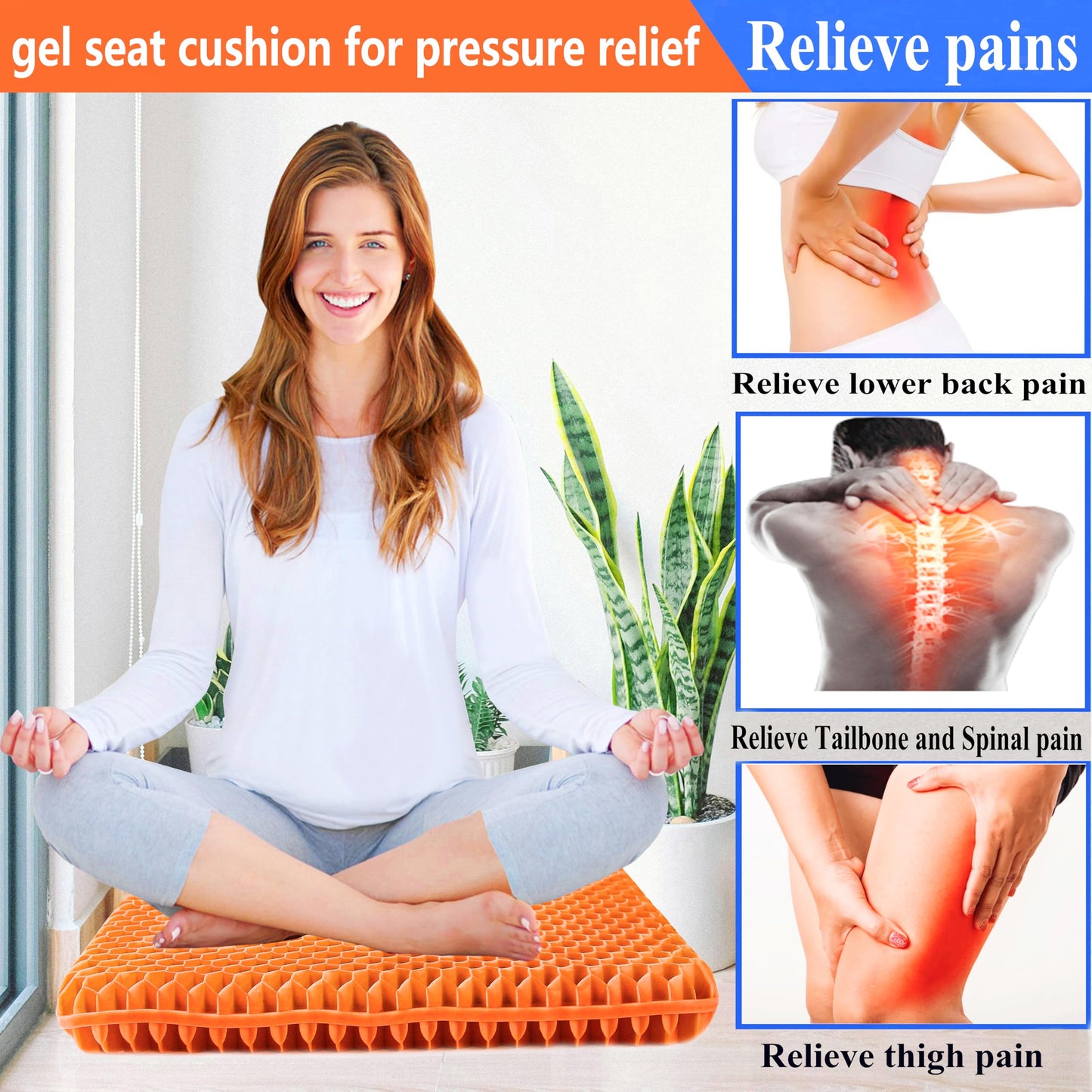 Plus Size Gel Seat Cushion for Long Sitting, Cooling Supportive Large Seat Cushion for Back, Hip, Sciatica, Tailbone Pain Relief, Use for The Office, Wheelchair, Car, Recliner, Stadium, Kayak.(Orange)