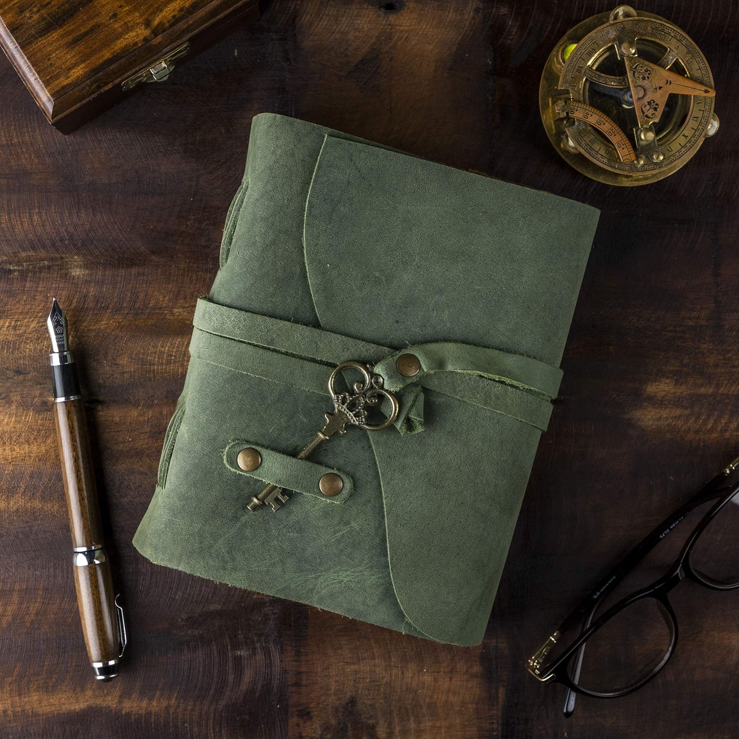 Vintage Leather Journal - Antique Handmade Deckle Edge Vintage Paper Leather Bound Journal - Book of Shadows Journal - Leather Sketchbook - Drawing Journal - Great Gift (Green, 9"x6")
