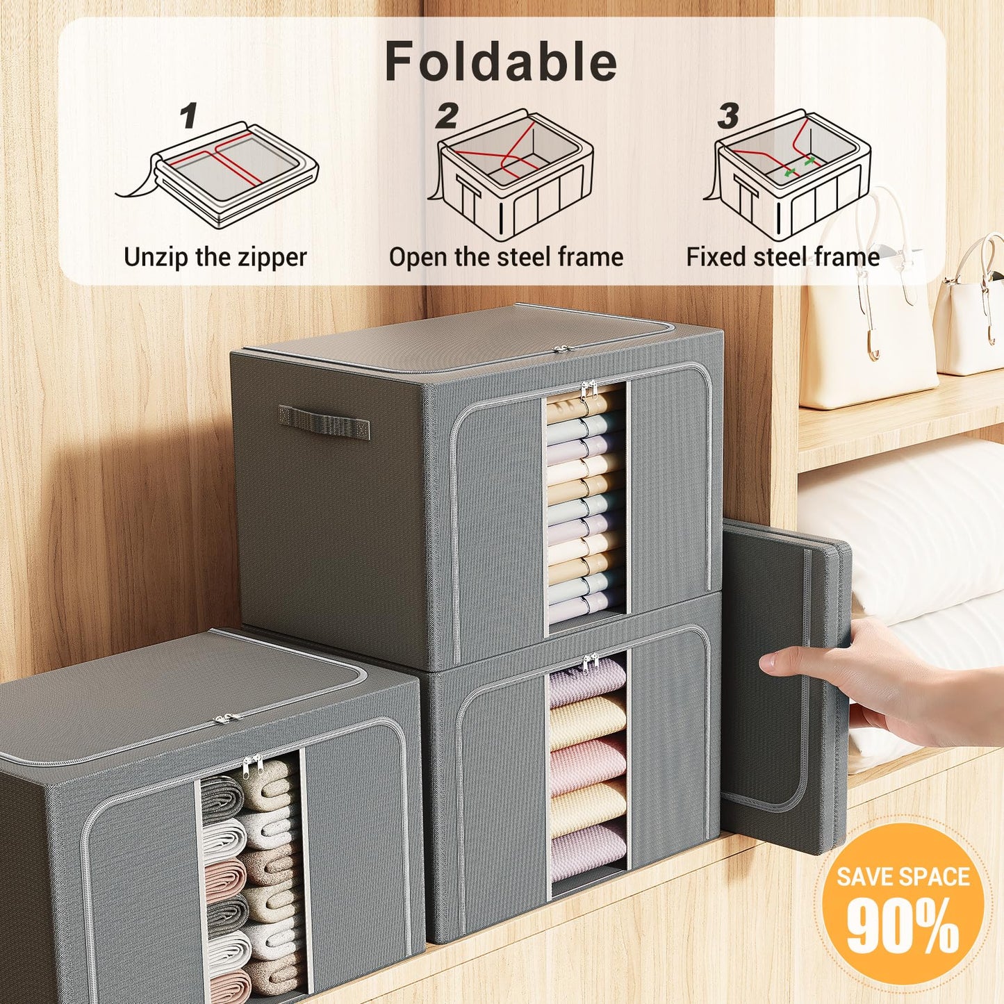 LeArex Clothes Storage Bins with Metal Frame, Foldable Clothes Organizers Storage Containers for Clothes, Sheets, Blankets, Pillows and Towels (100L, 3 Pack, Deep Grey)