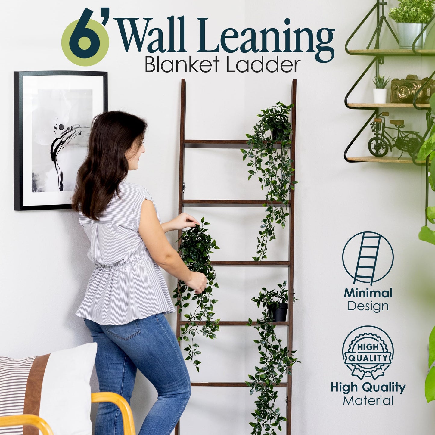 Blanket Ladder for Living Room and Bedroom, 5ft 8 inch, 6-Tier Wall Leaning Laminate Snag Free Construction (Rustic Hickory) Rustic Decorative Farmhouse Blanket Storage, Quilt Rack, Ladder Shelf