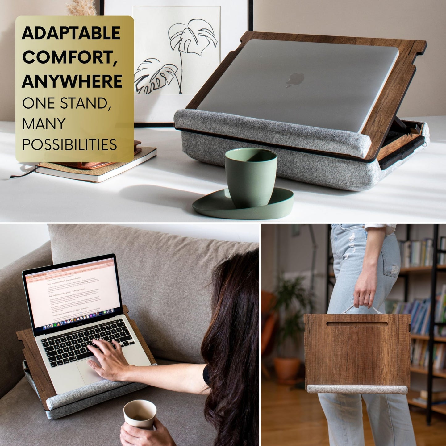 Vigo Wood Laptop Tray - Lap Tray with Cushion, Laptop Table for Sofa, Lap Desk for Laptop, Adjustable Laptop Stand for Bed, Laptop Desk Stand, Laptop Lap Tray for Bed, Laptop Bed Table (Walnut)