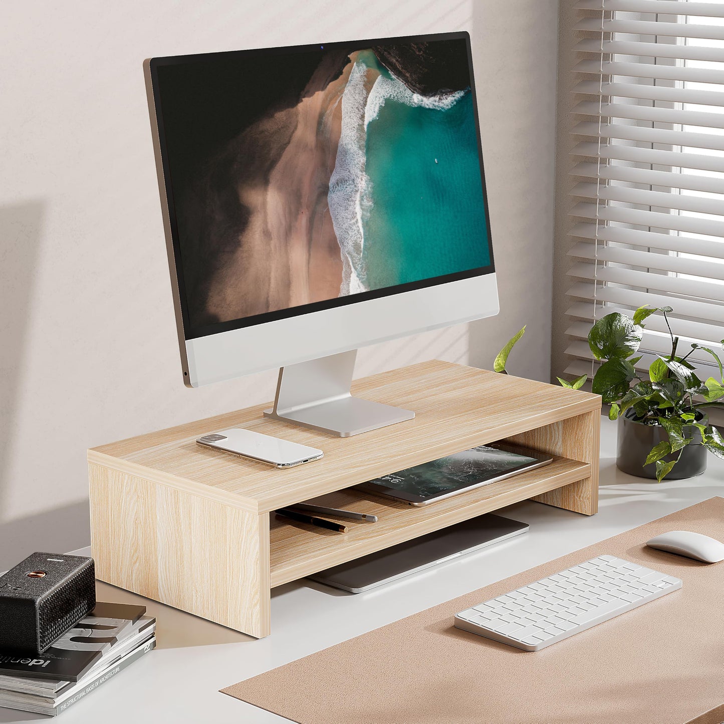 FITUEYES Monitor Stand - 2 Tier Computer Monitor Riser with 21.3 Inch Shelf, Wood Desktop Stand for Laptop Computer Screen, Desk Organization, Office Supplies