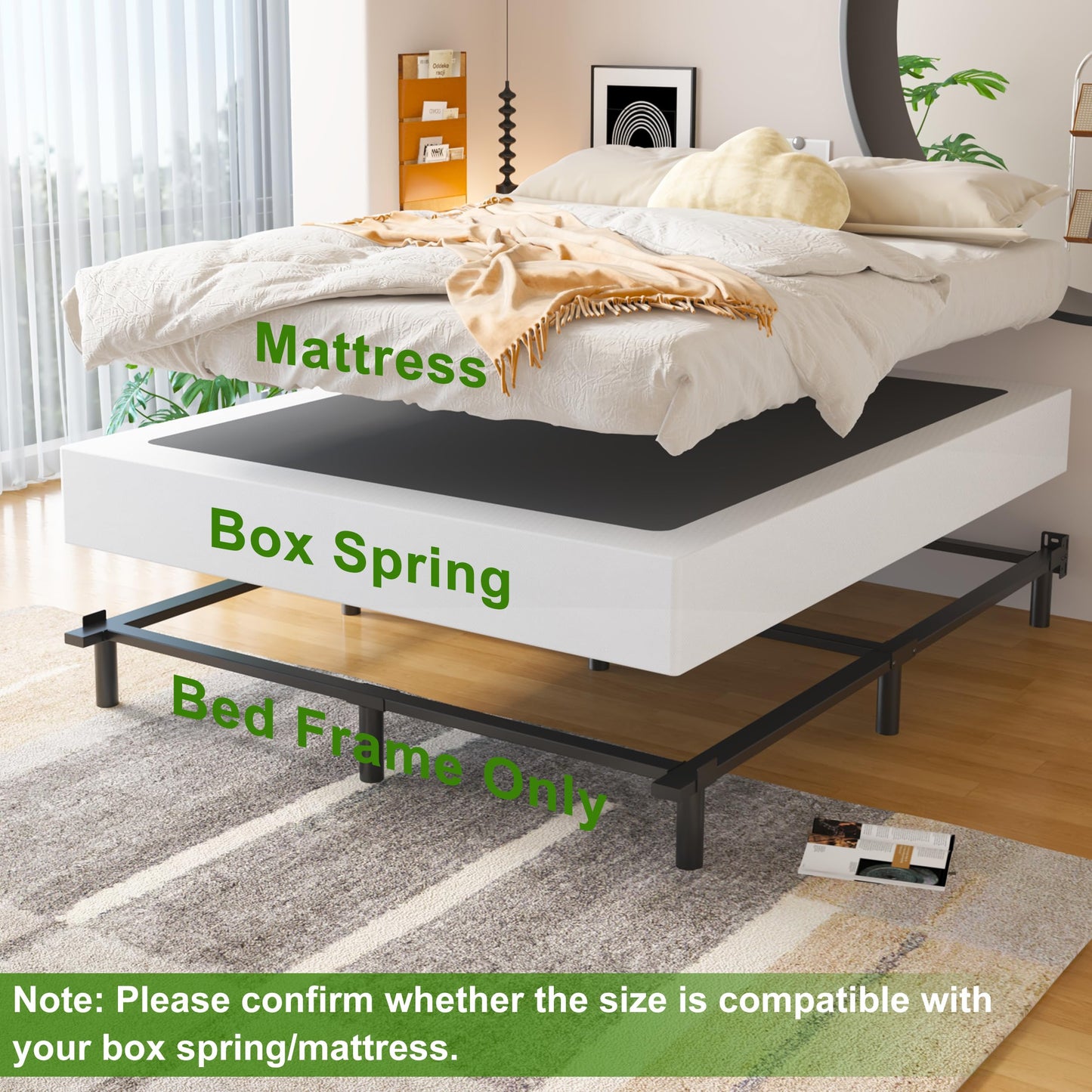 EMODA 7 Inch Queen Bed Frame for Box Spring and Mattress, 9 Legs Support Metal Bed Base, Tool-Free and Easy Assembly, Black