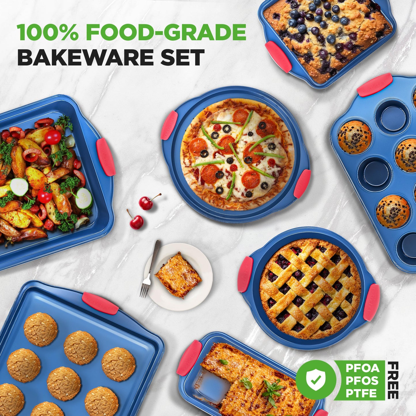 NutriChef 10-Piece Nonstick Bakeware Set - Premium Carbon Steel Baking Pans w/Silicone Handles - Includes Pizza Tray with Holes, 12 & 24 Cup Muffin Pans, Cookie Sheets, Round, Square & Loaf Pan - Blue
